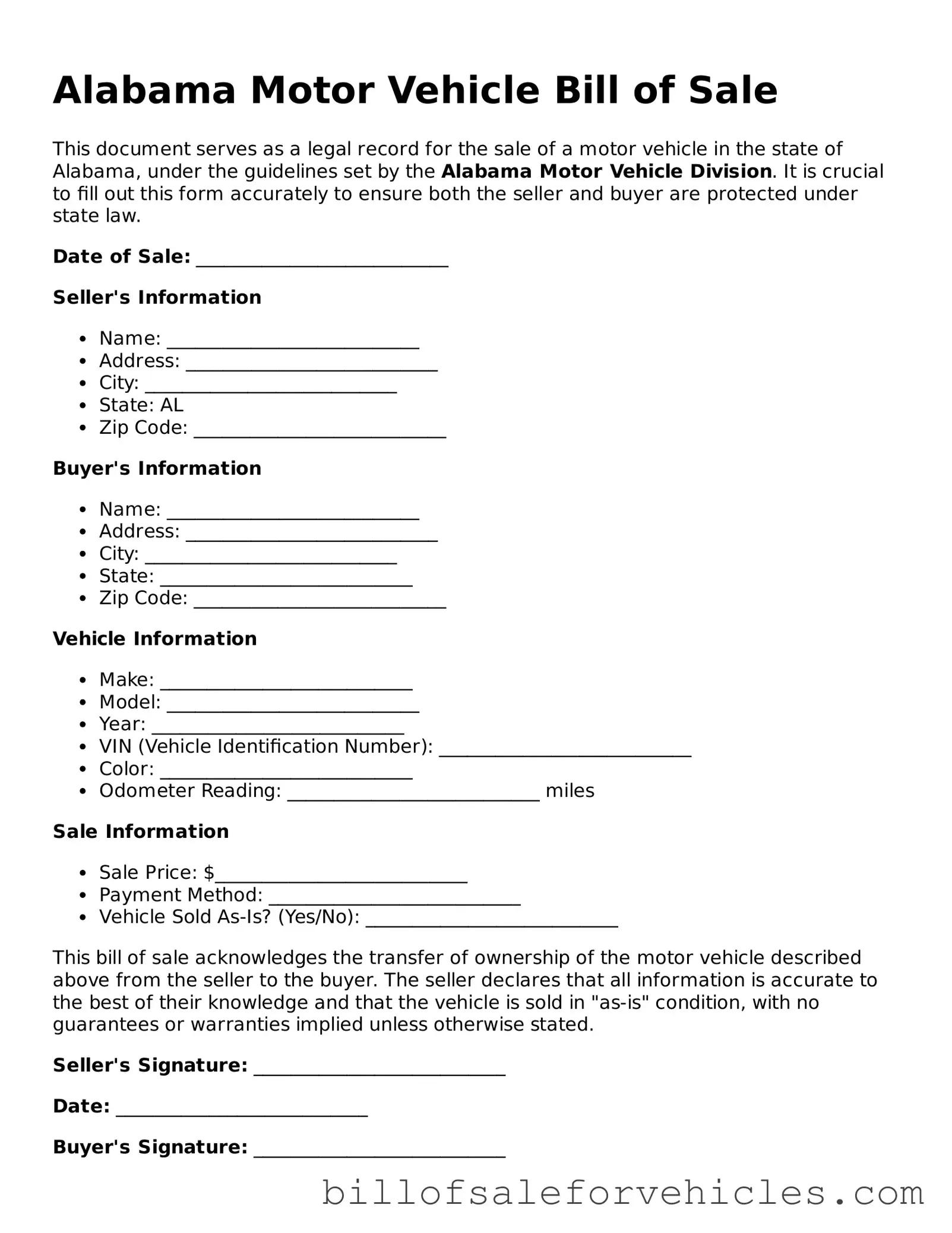 Valid Alabama Motor Vehicle Bill of Sale Template