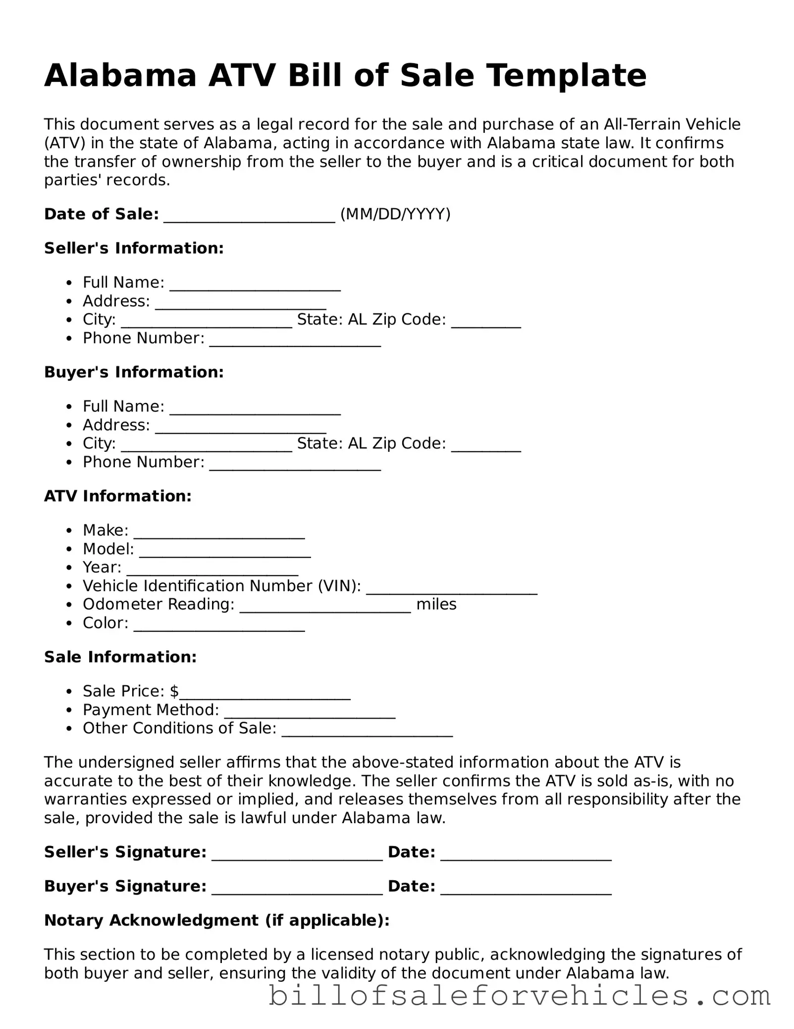 Valid Alabama ATV Bill of Sale Template