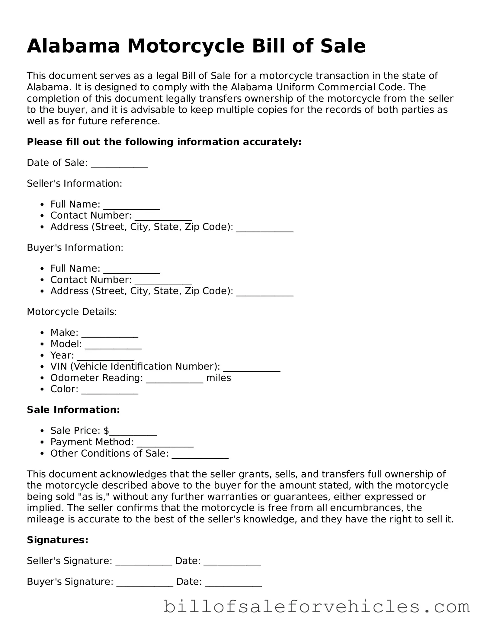 Valid Alabama Motorcycle Bill of Sale Template