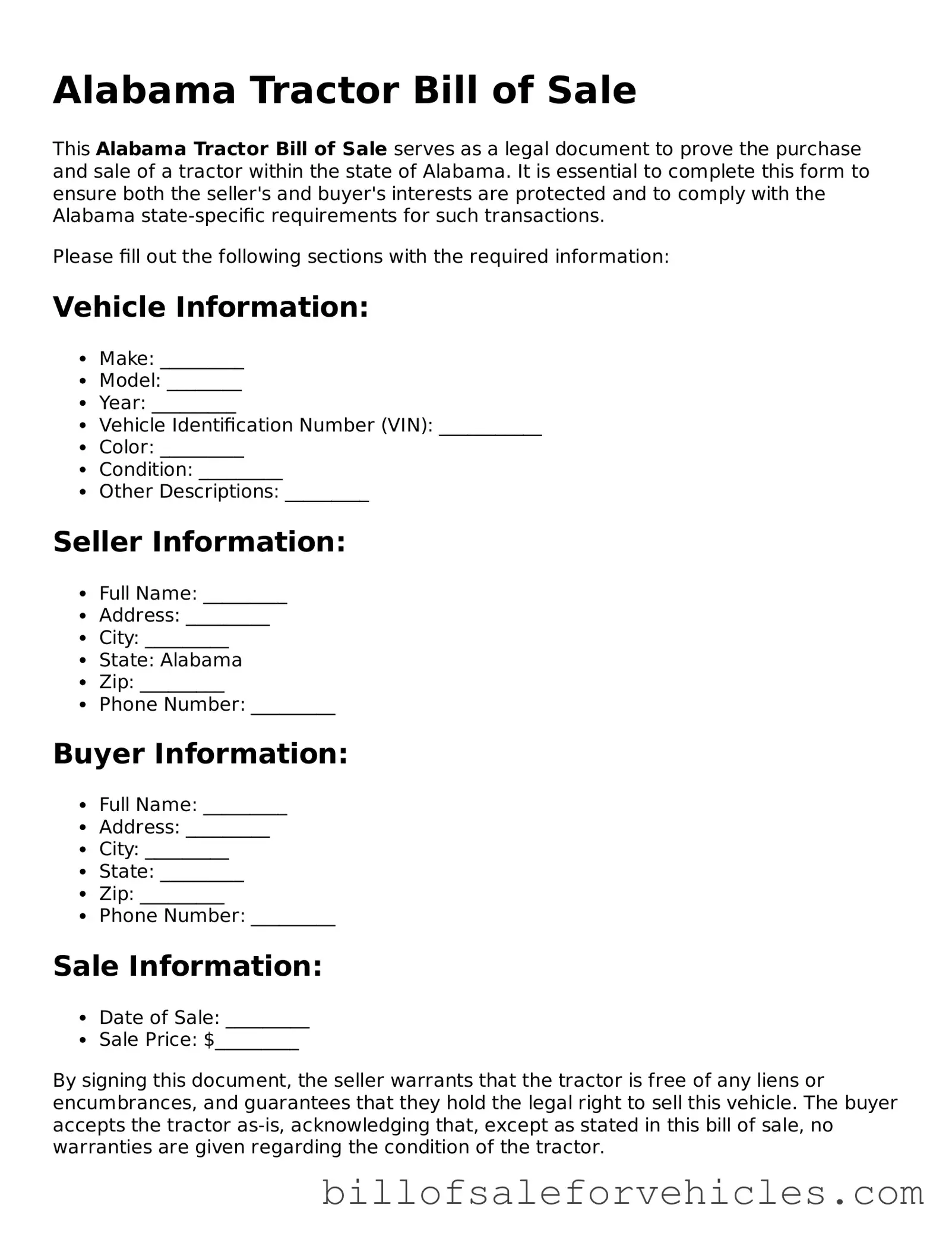 Valid Alabama Tractor Bill of Sale Template