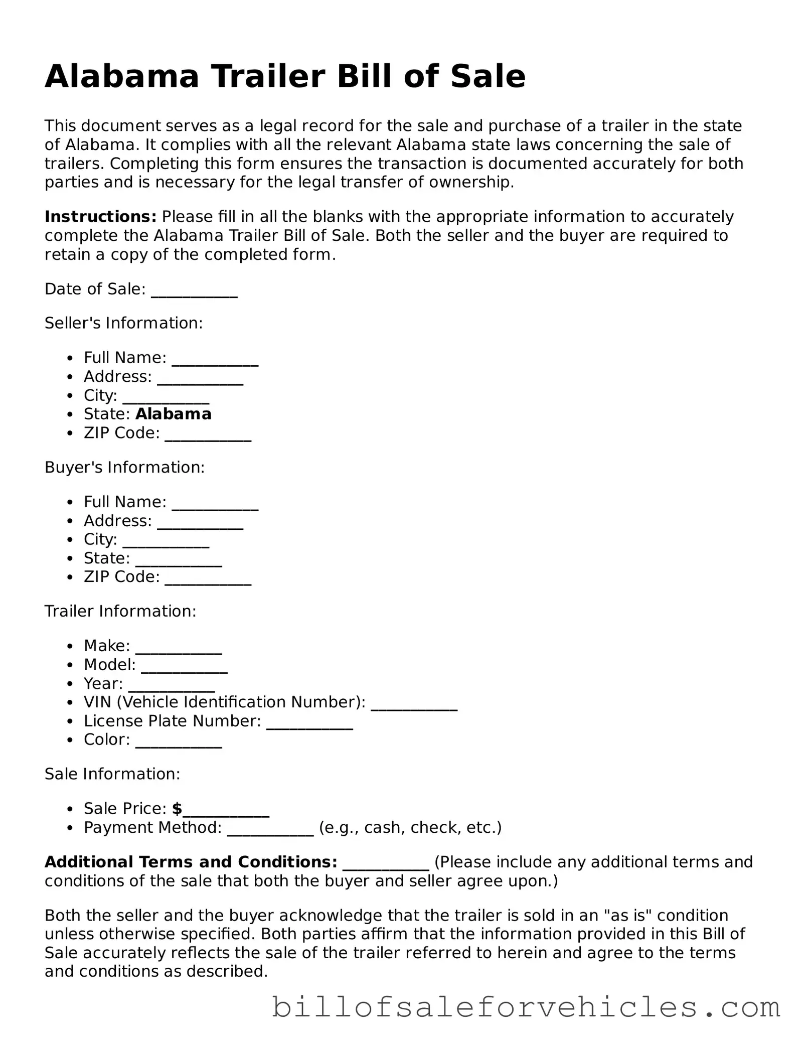 Valid Alabama Trailer Bill of Sale Template