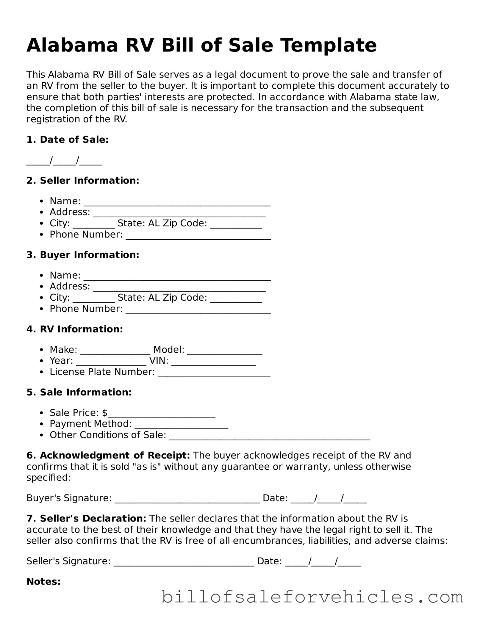 Valid Alabama RV Bill of Sale Template