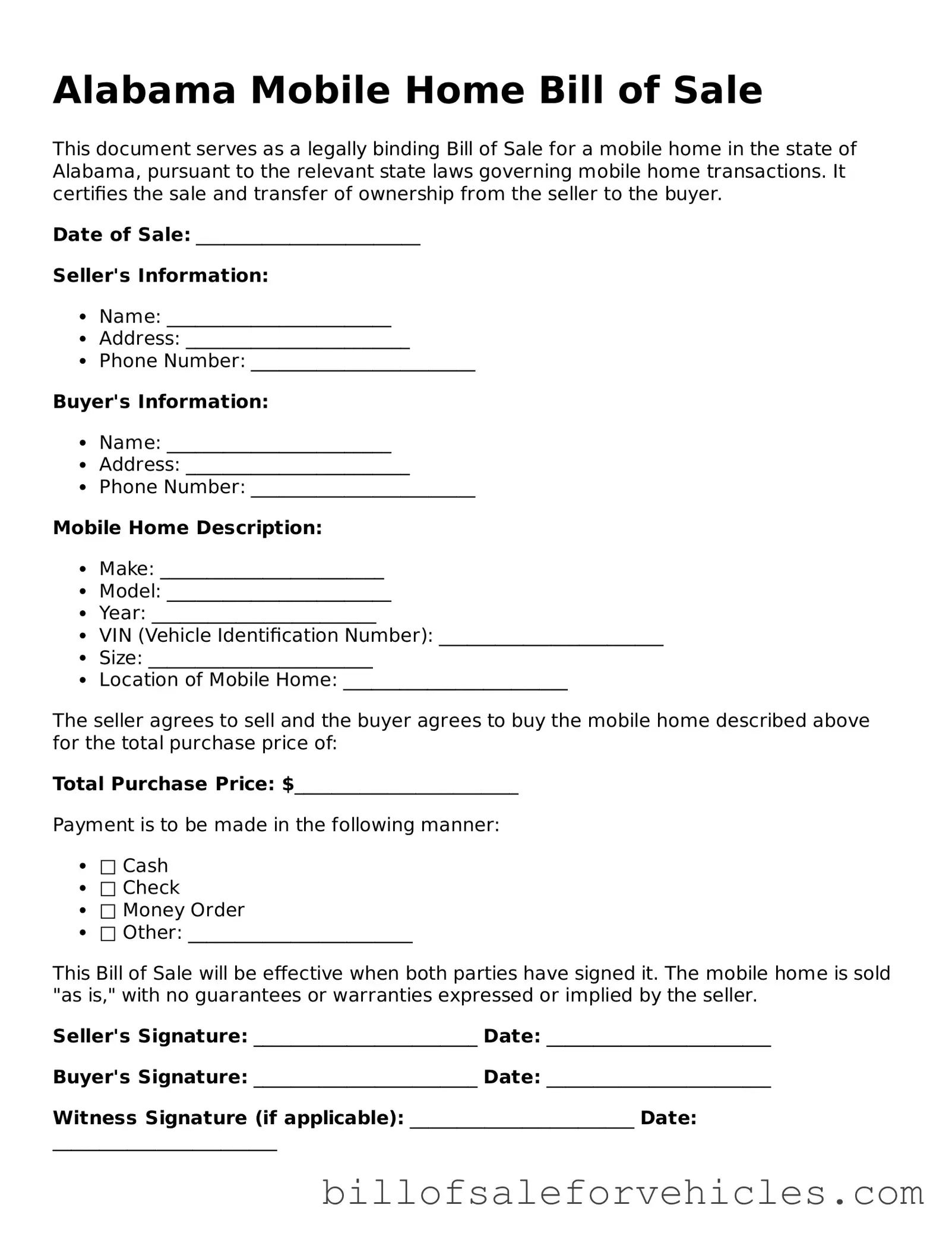 Valid Alabama Mobile Home Bill of Sale Template
