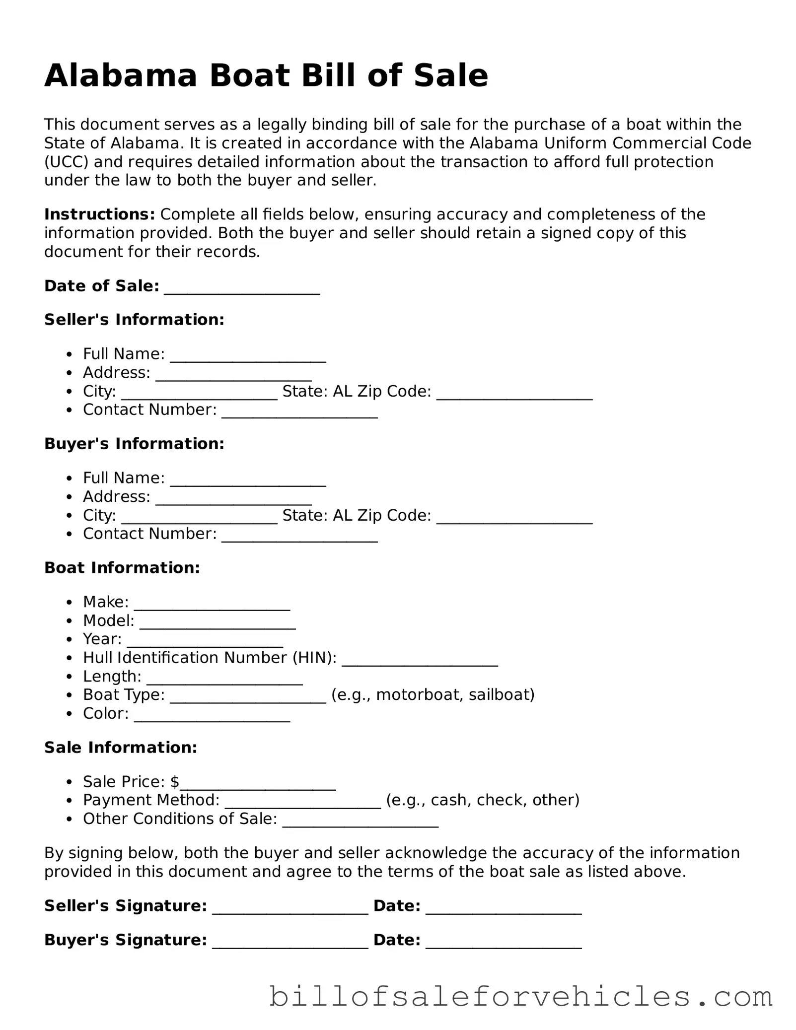 Valid Alabama Boat Bill of Sale Template