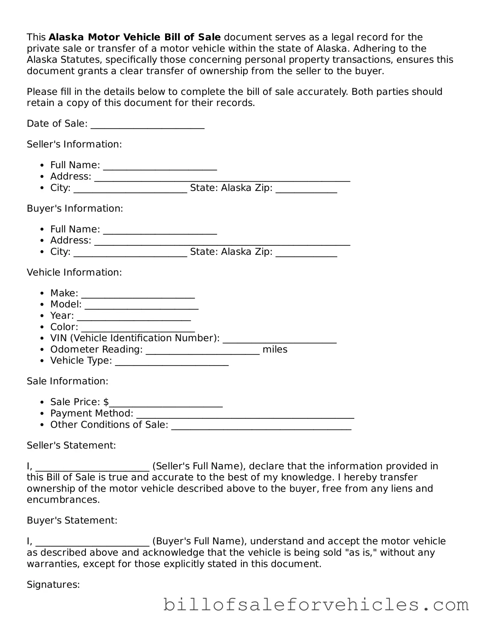 Valid Alaska Motor Vehicle Bill of Sale Template