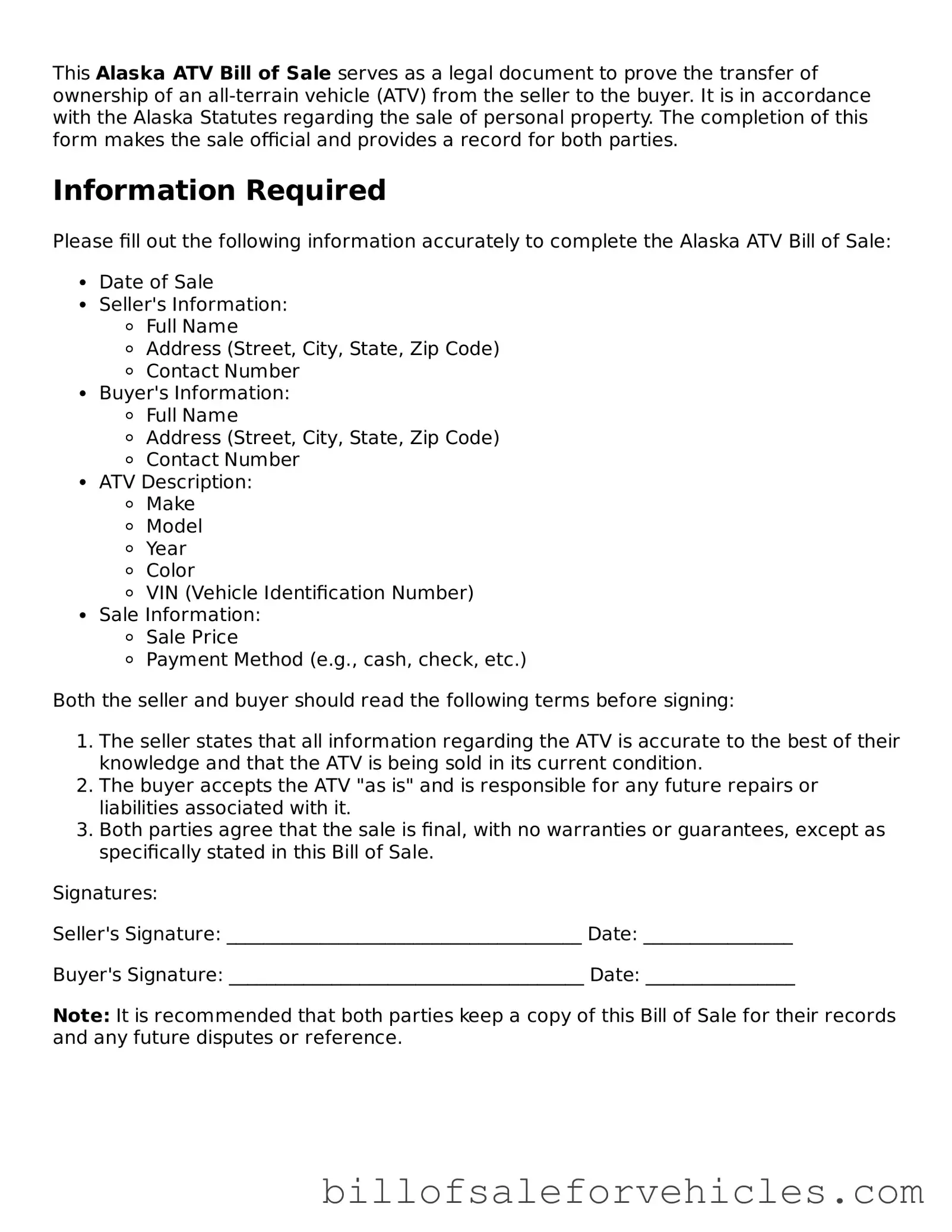 Valid Alaska ATV Bill of Sale Template