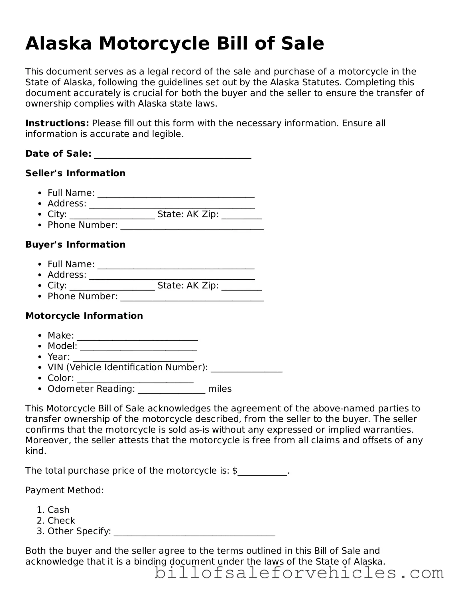Valid Alaska Motorcycle Bill of Sale Template