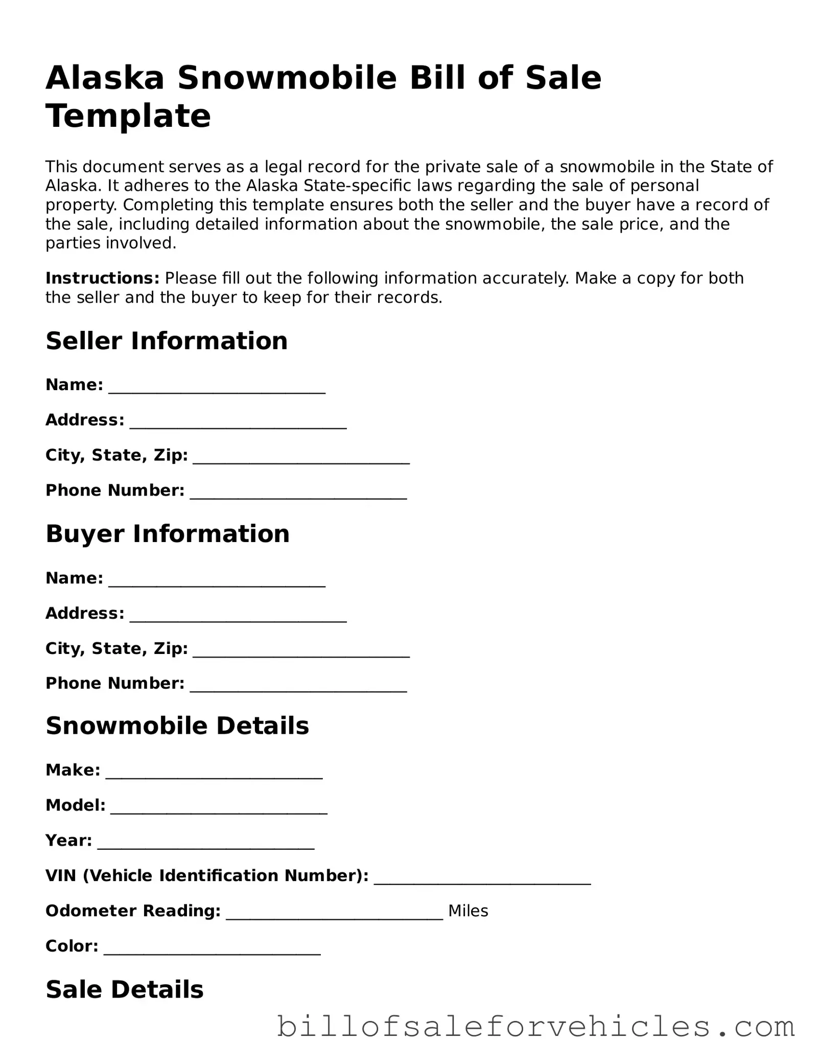 Valid Alaska Snowmobile Bill of Sale Template