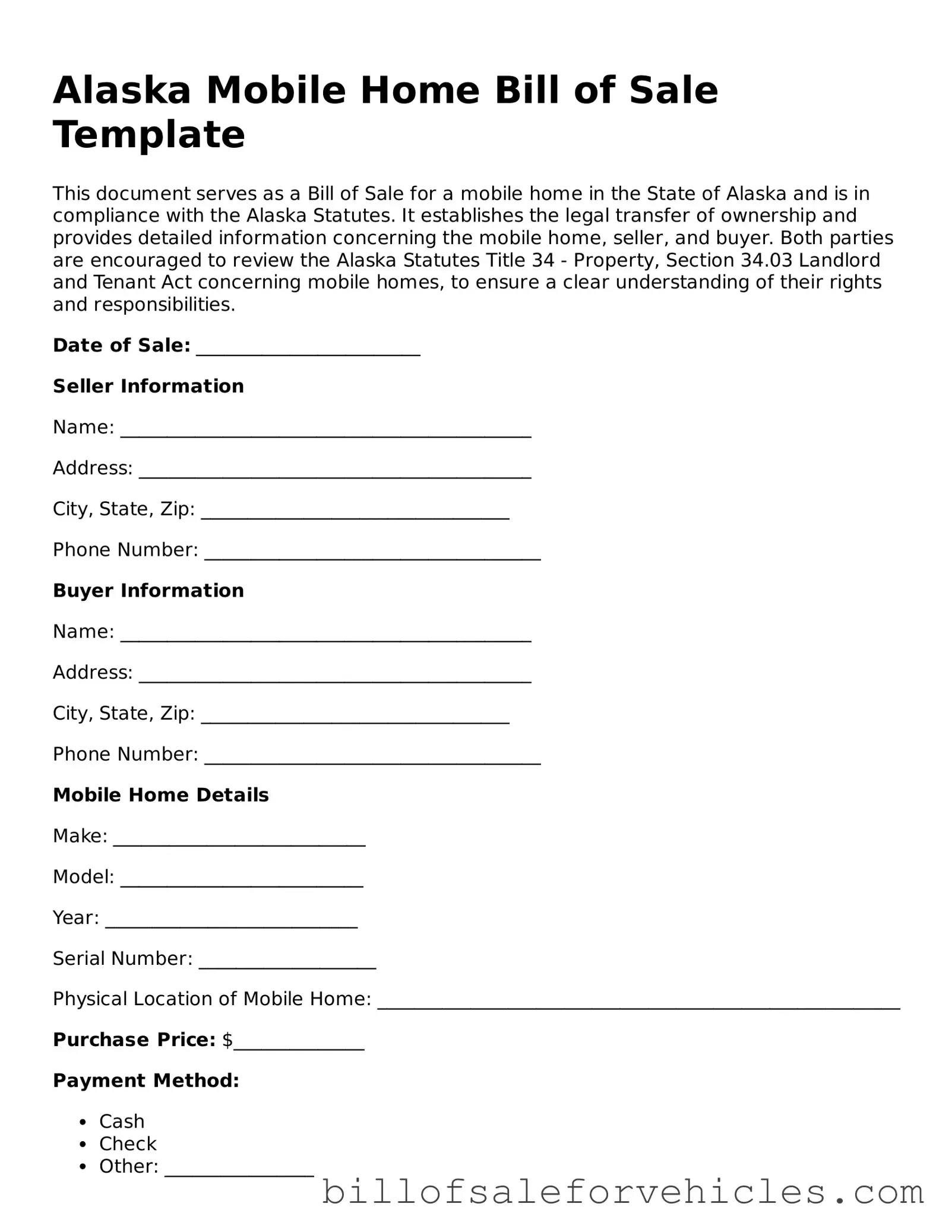 Valid Alaska Mobile Home Bill of Sale Template