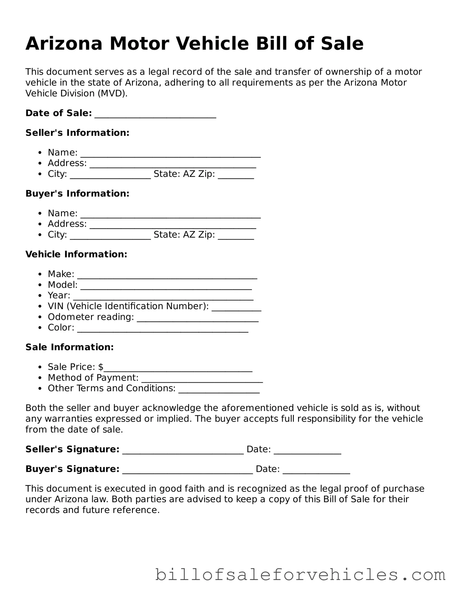 Valid Arizona Motor Vehicle Bill of Sale Template