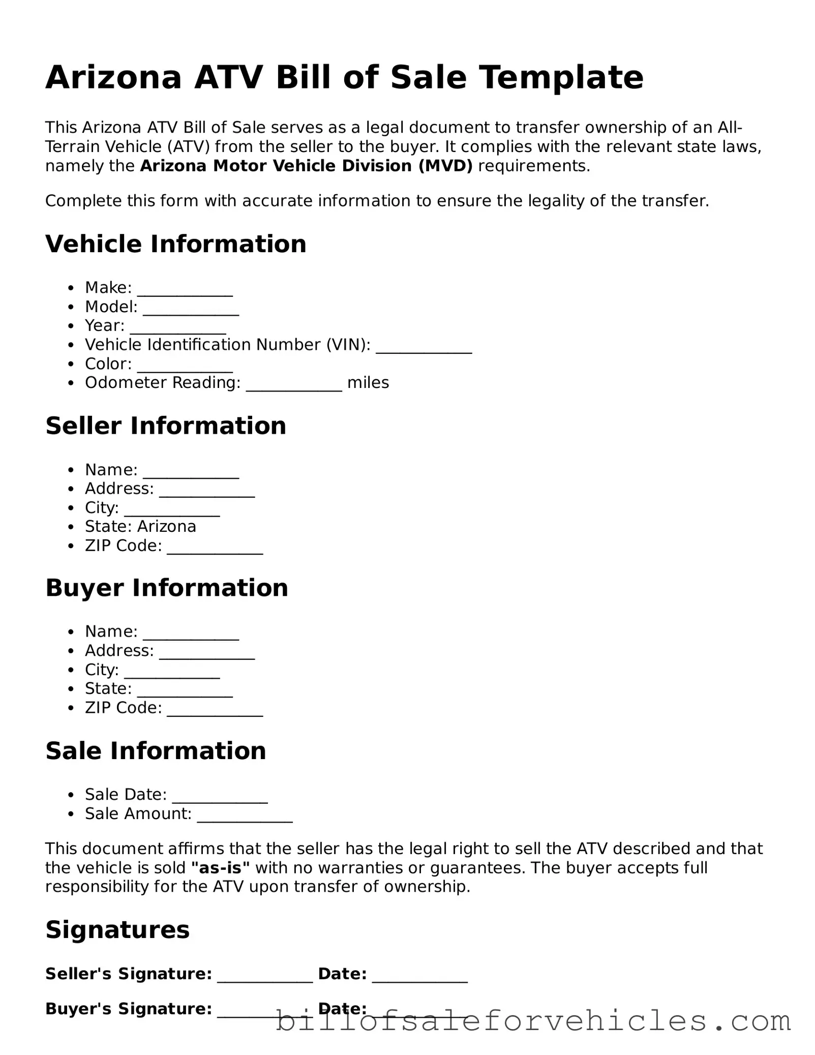 Valid Arizona ATV Bill of Sale Template
