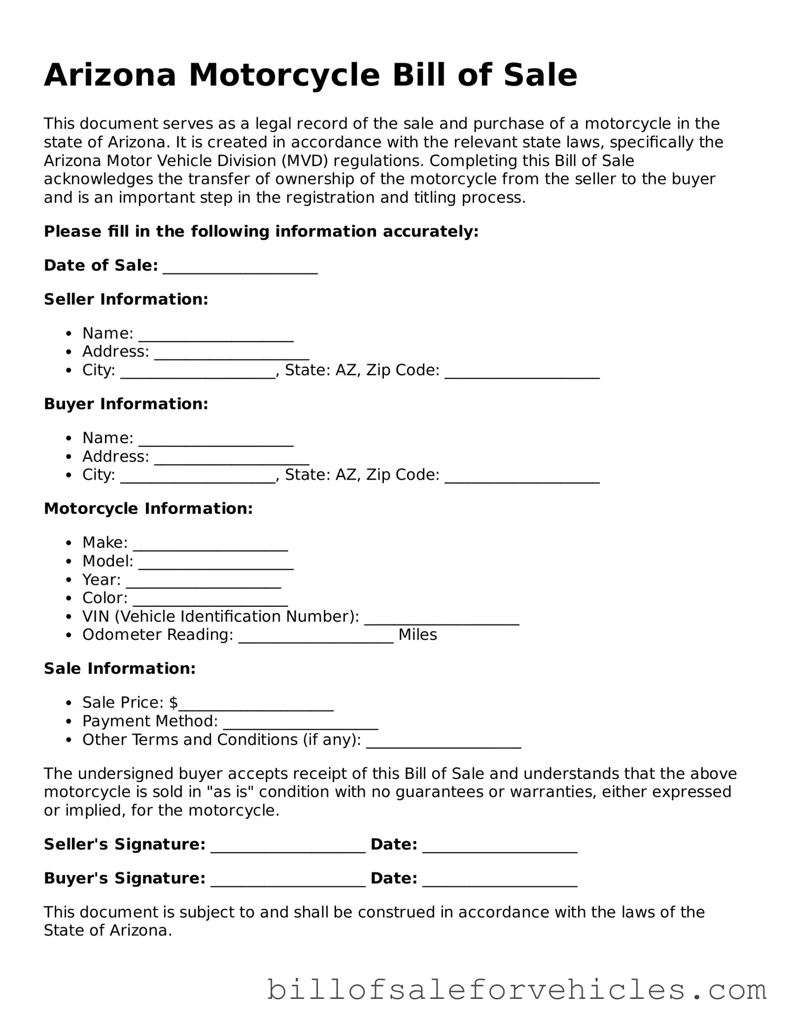 Valid Arizona Motorcycle Bill of Sale Template