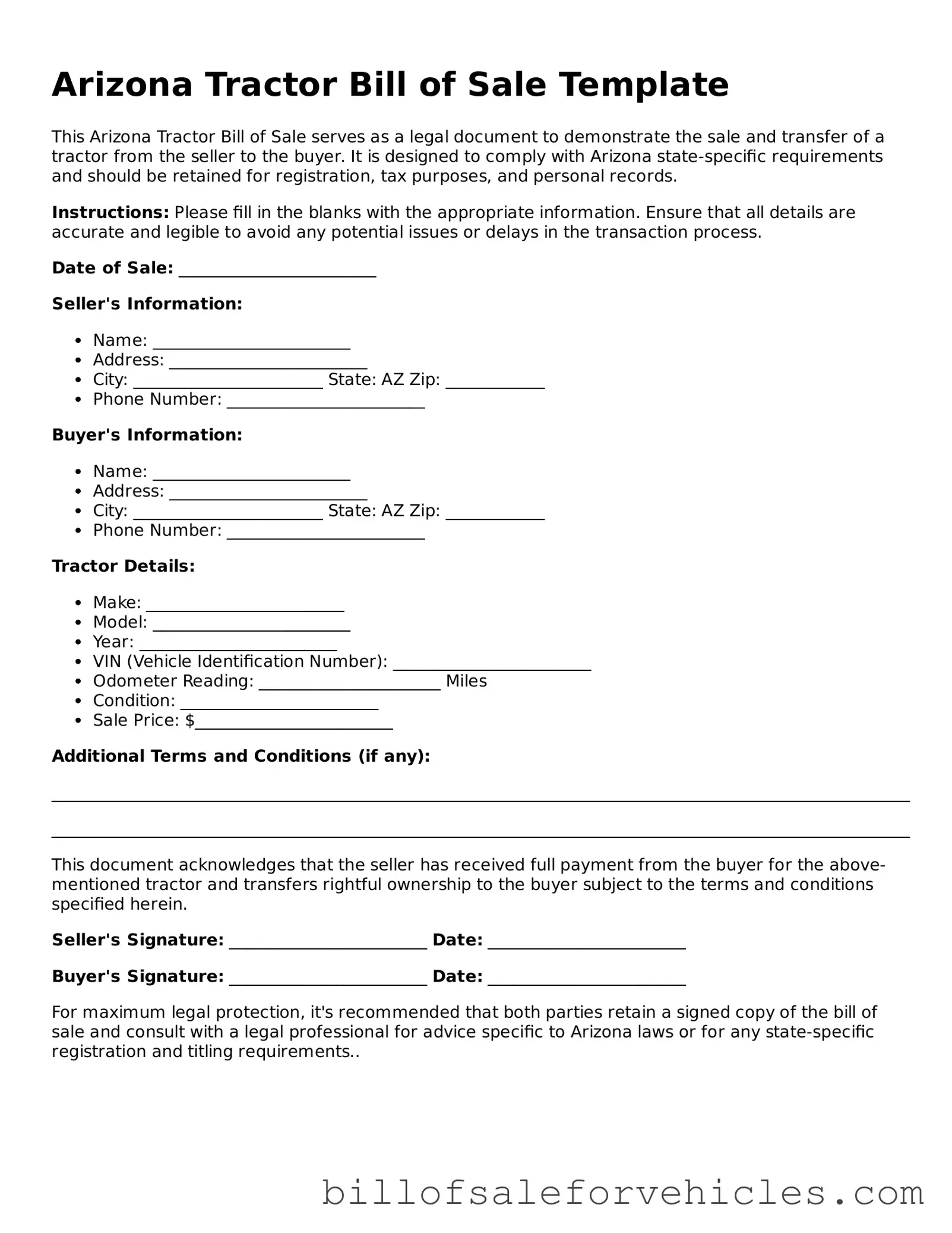 Valid Arizona Tractor Bill of Sale Template