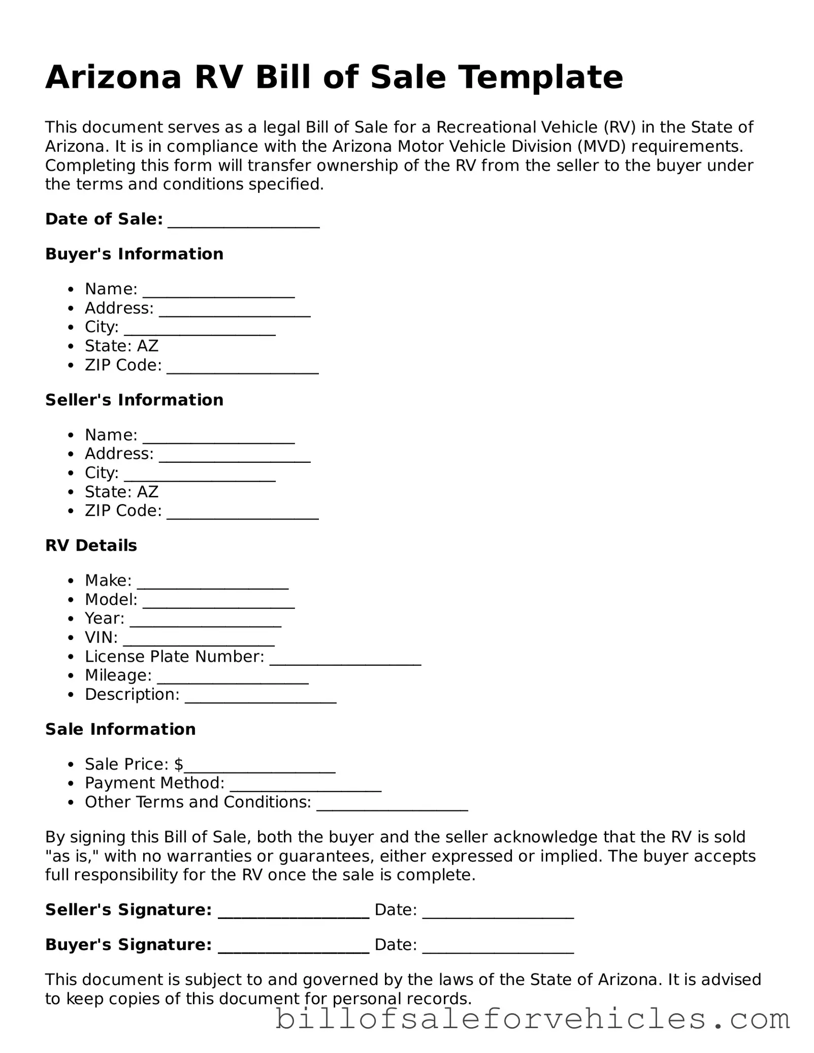 Valid Arizona RV Bill of Sale Template