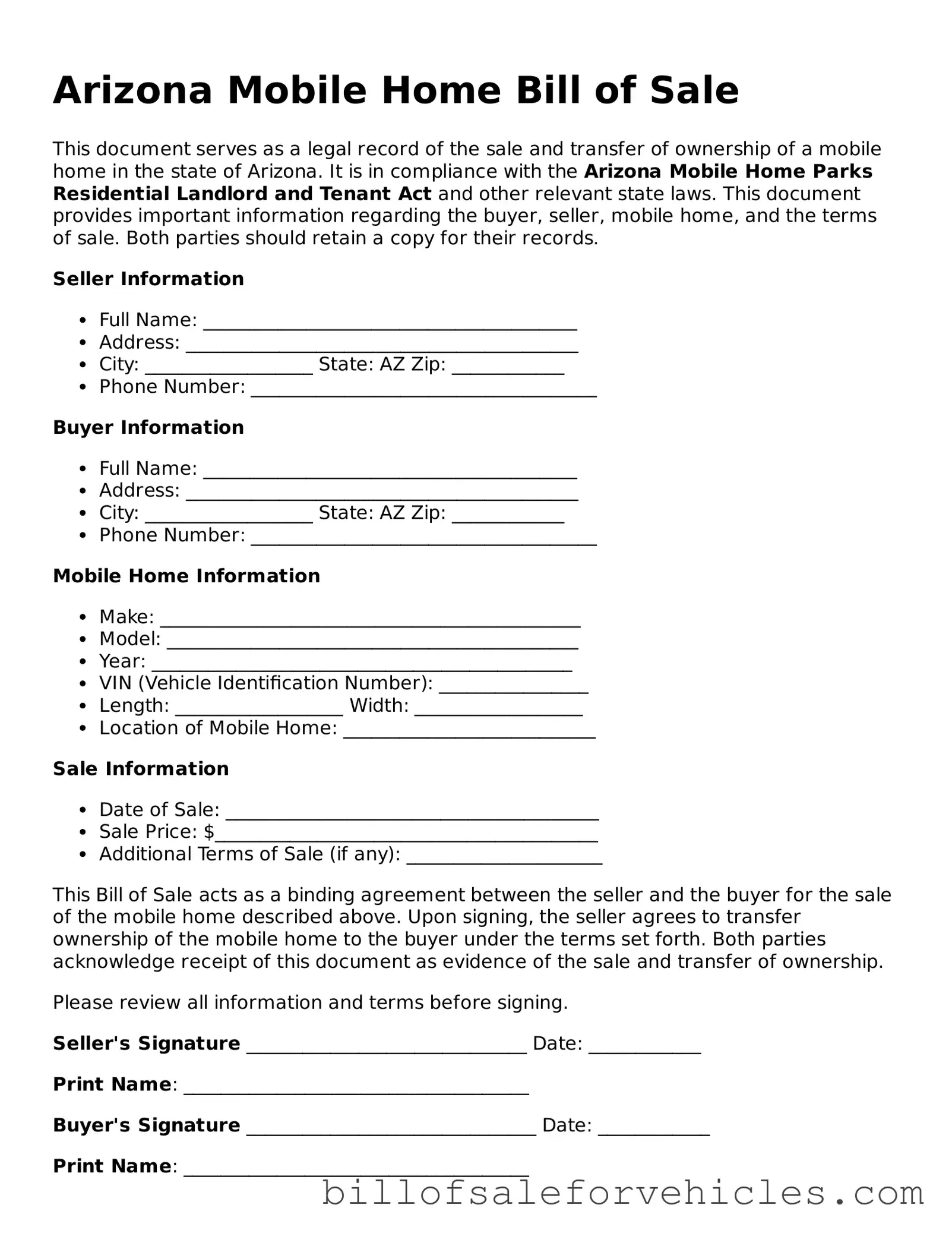 Valid Arizona Mobile Home Bill of Sale Template