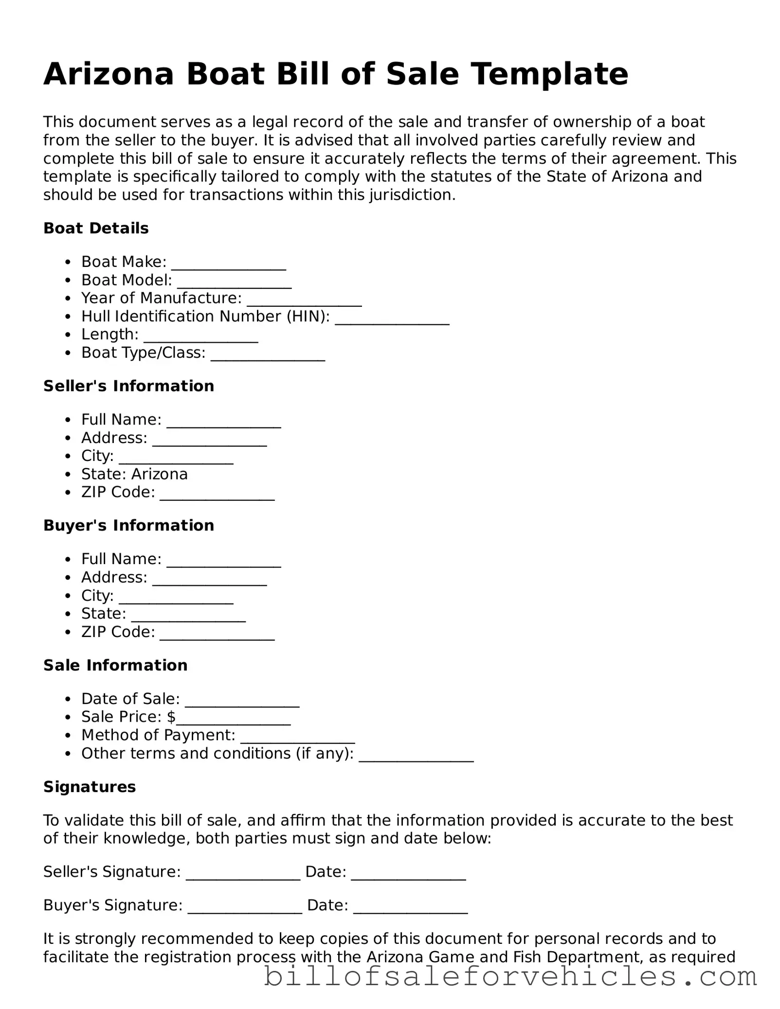 Valid Arizona Boat Bill of Sale Template