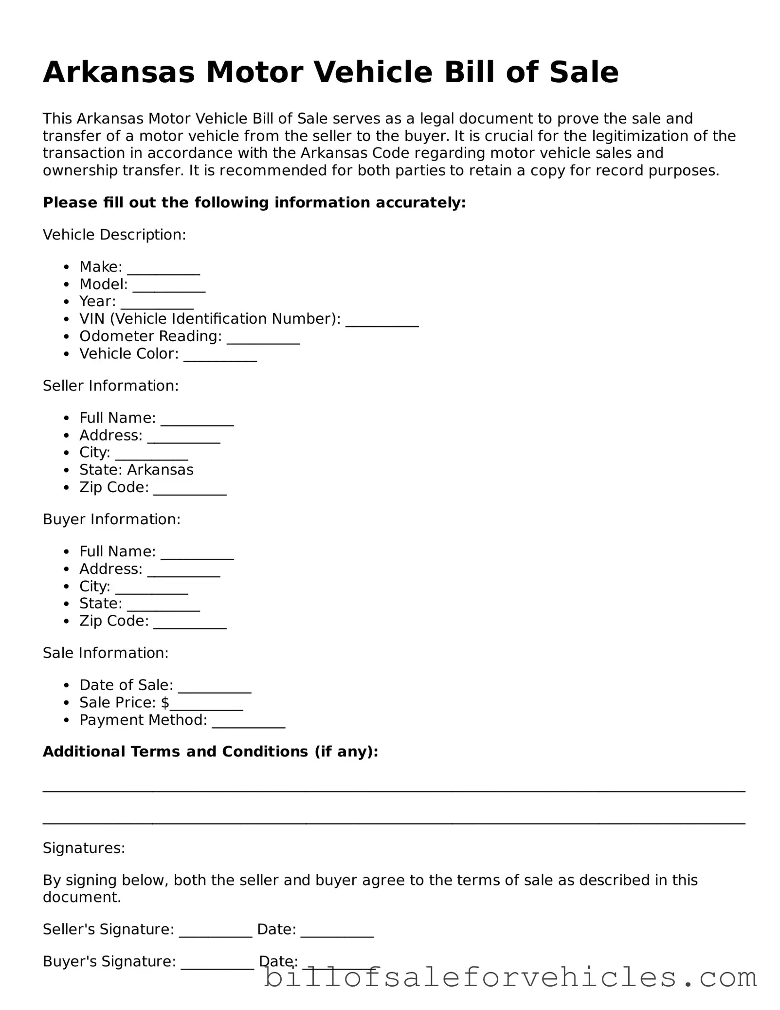 Valid Arkansas Motor Vehicle Bill of Sale Template