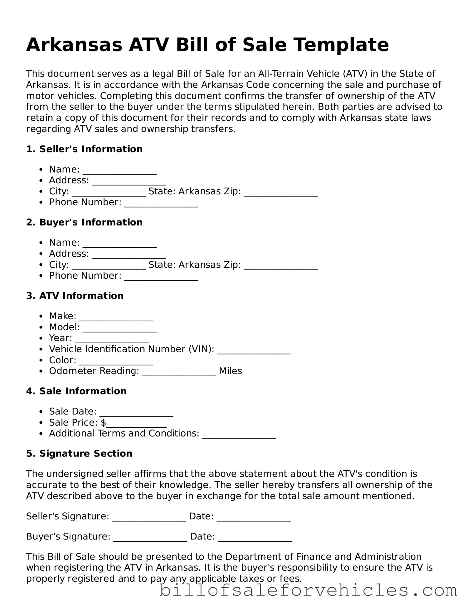 Valid Arkansas ATV Bill of Sale Template