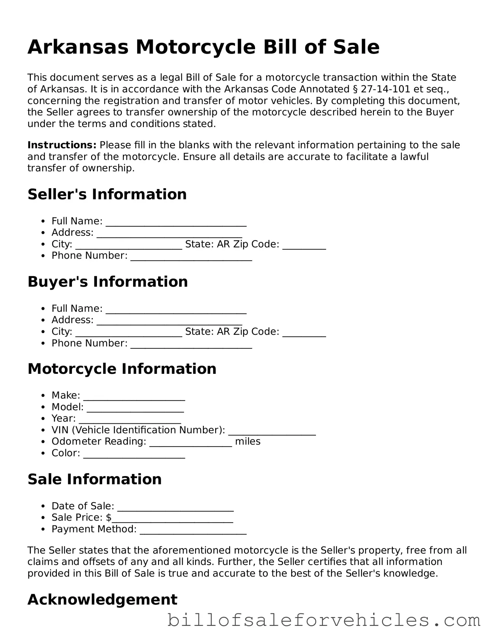 Valid Arkansas Motorcycle Bill of Sale Template