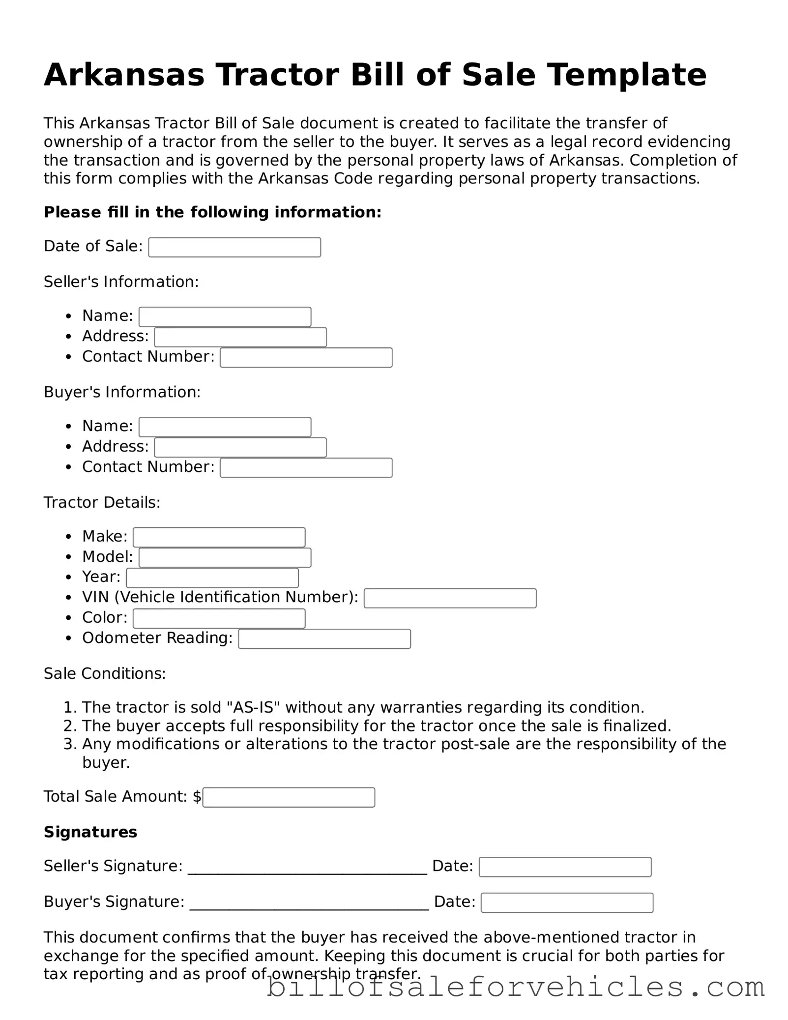 Valid Arkansas Tractor Bill of Sale Template