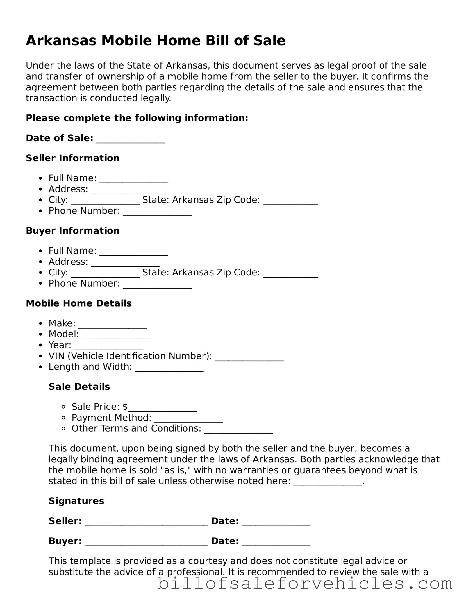 Valid Arkansas Mobile Home Bill of Sale Template