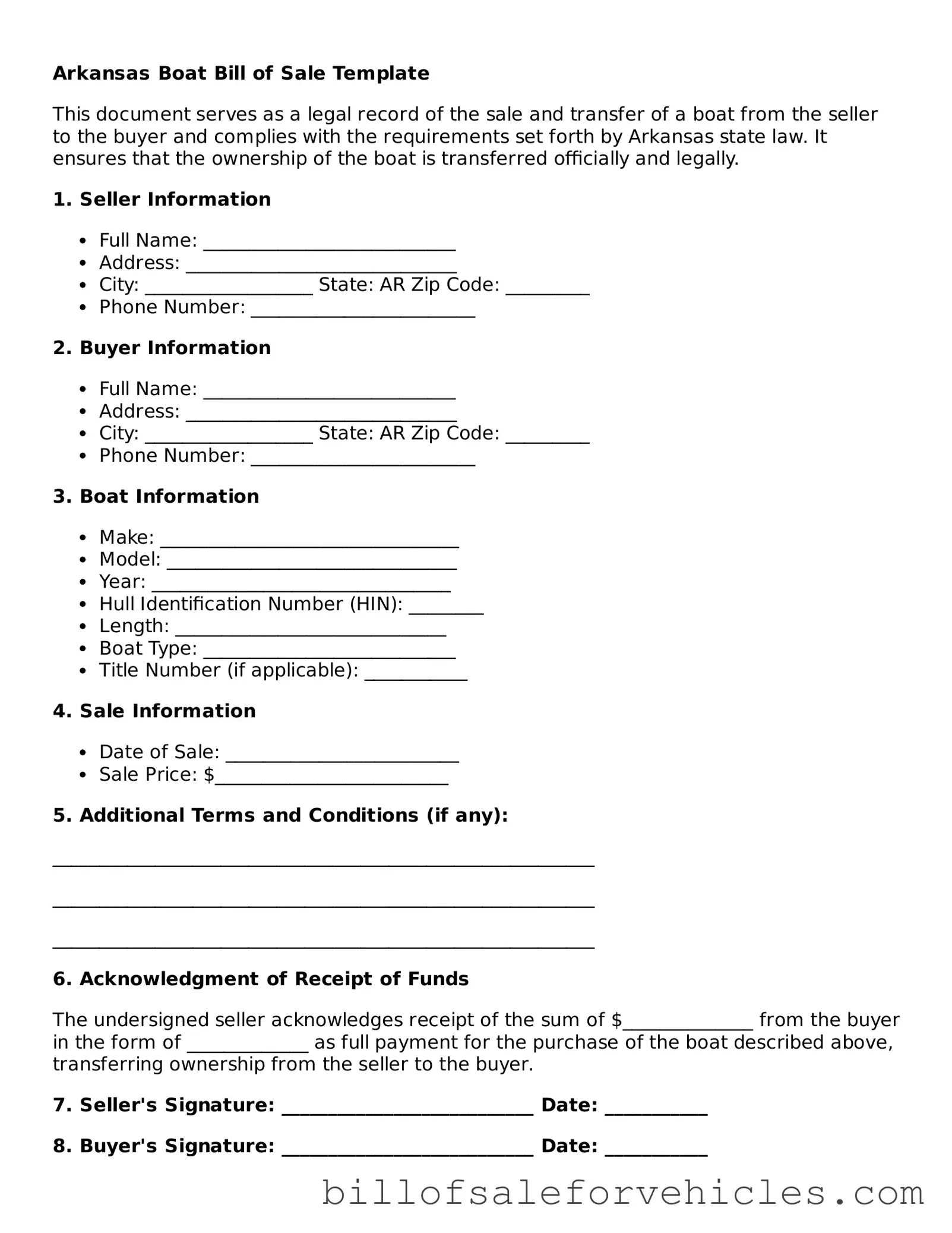 Valid Arkansas Boat Bill of Sale Template