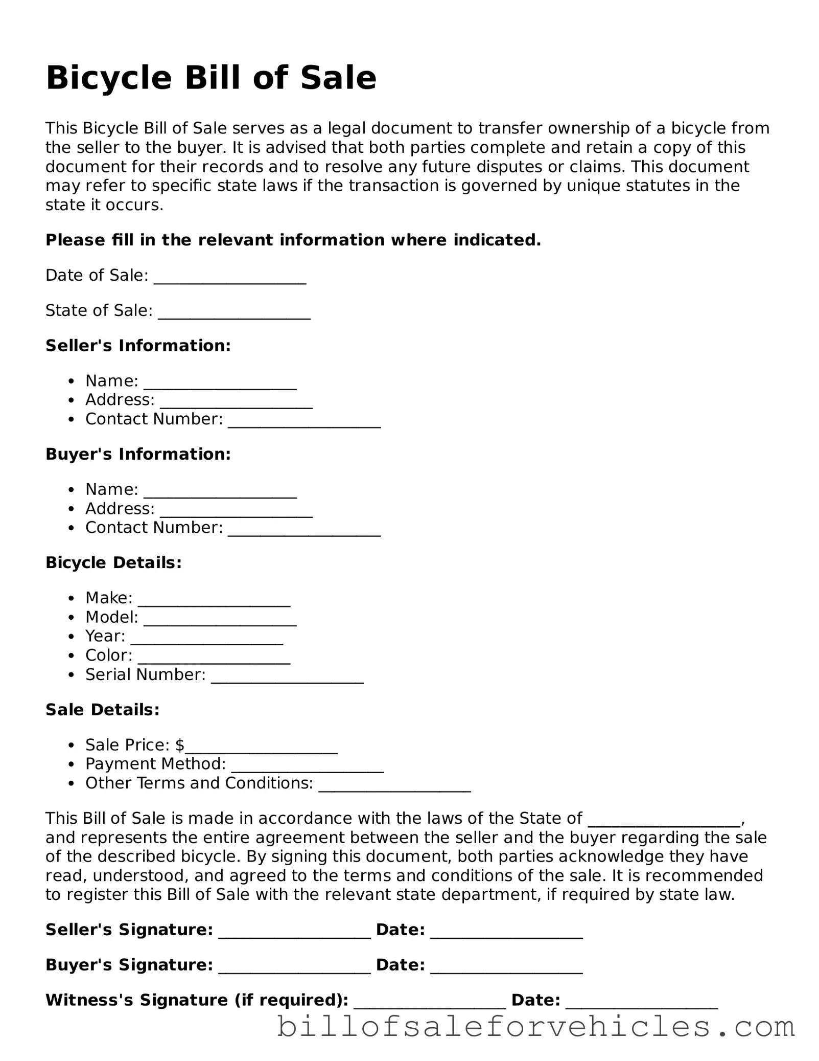 Fillable Bicycle Bill of Sale Template
