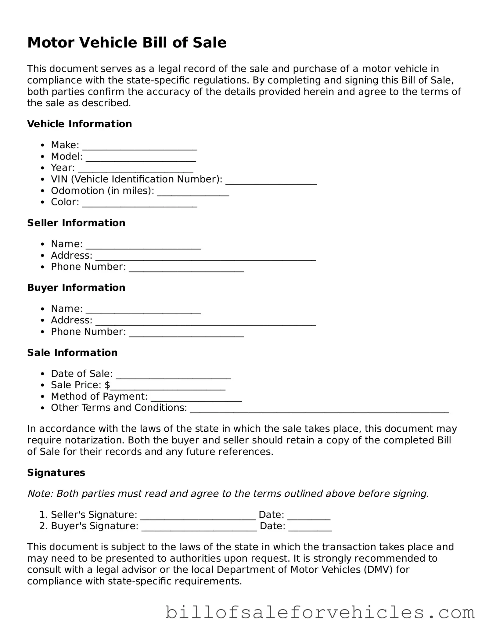 Fillable Motor Vehicle Bill of Sale Template