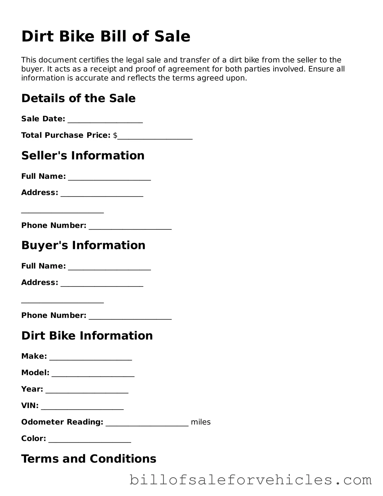 Fillable Dirt Bike Bill of Sale Template