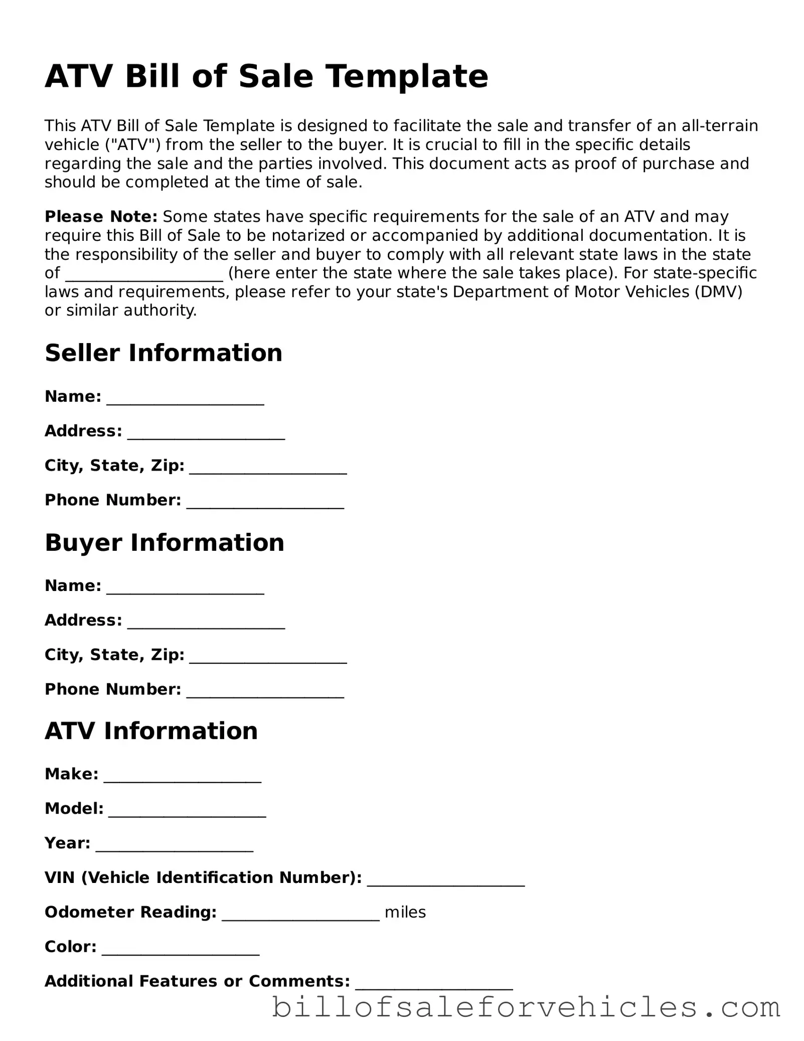 Fillable ATV Bill of Sale Template