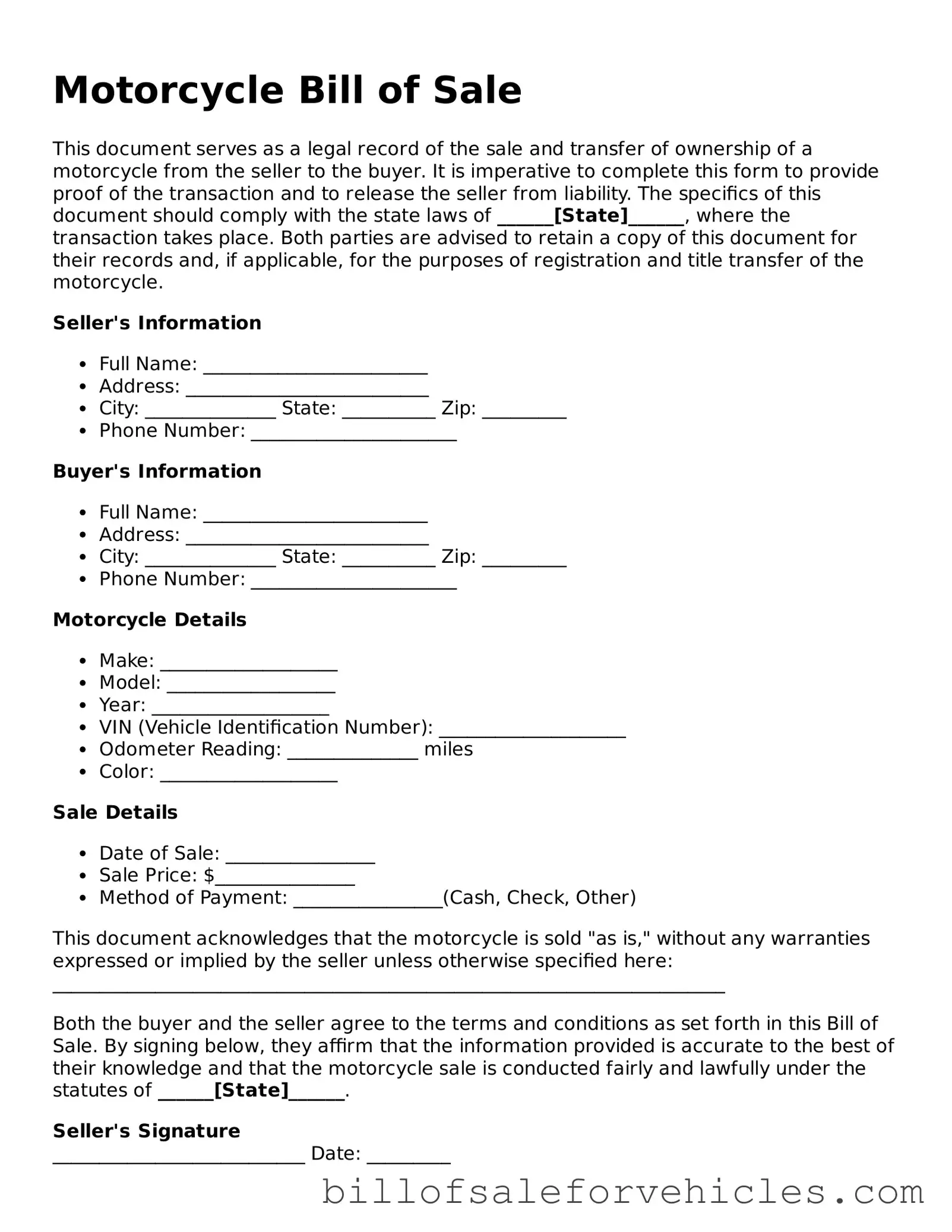 Fillable Motorcycle Bill of Sale Template