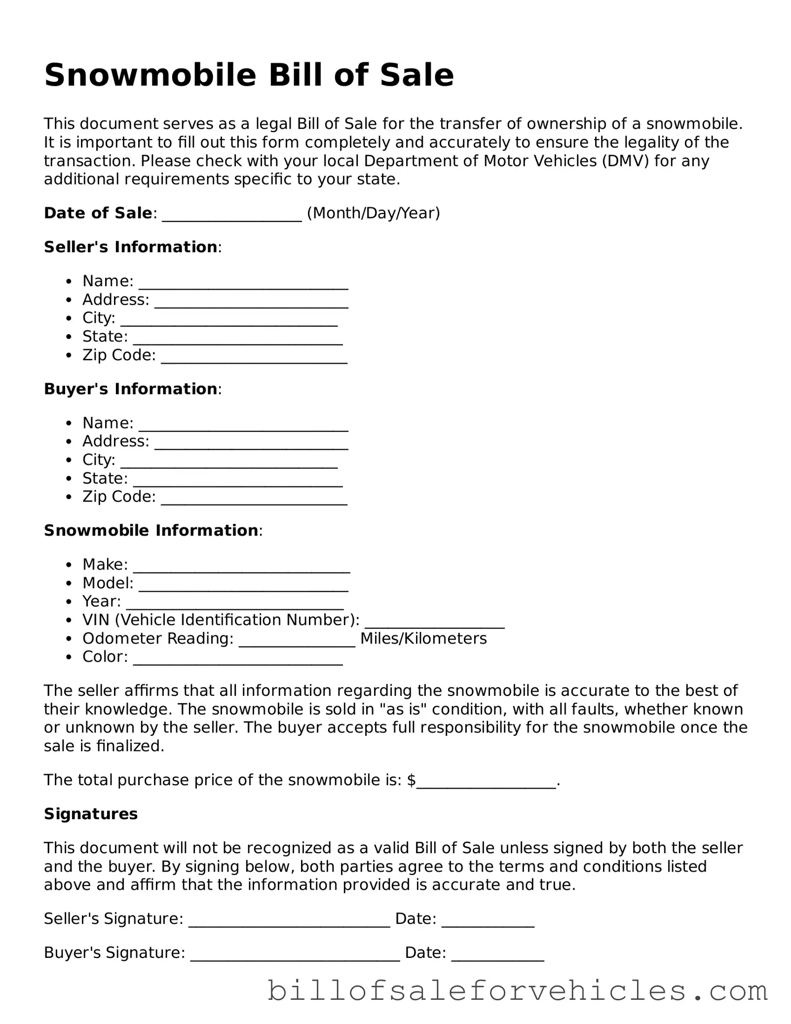 Fillable Snowmobile Bill of Sale Template