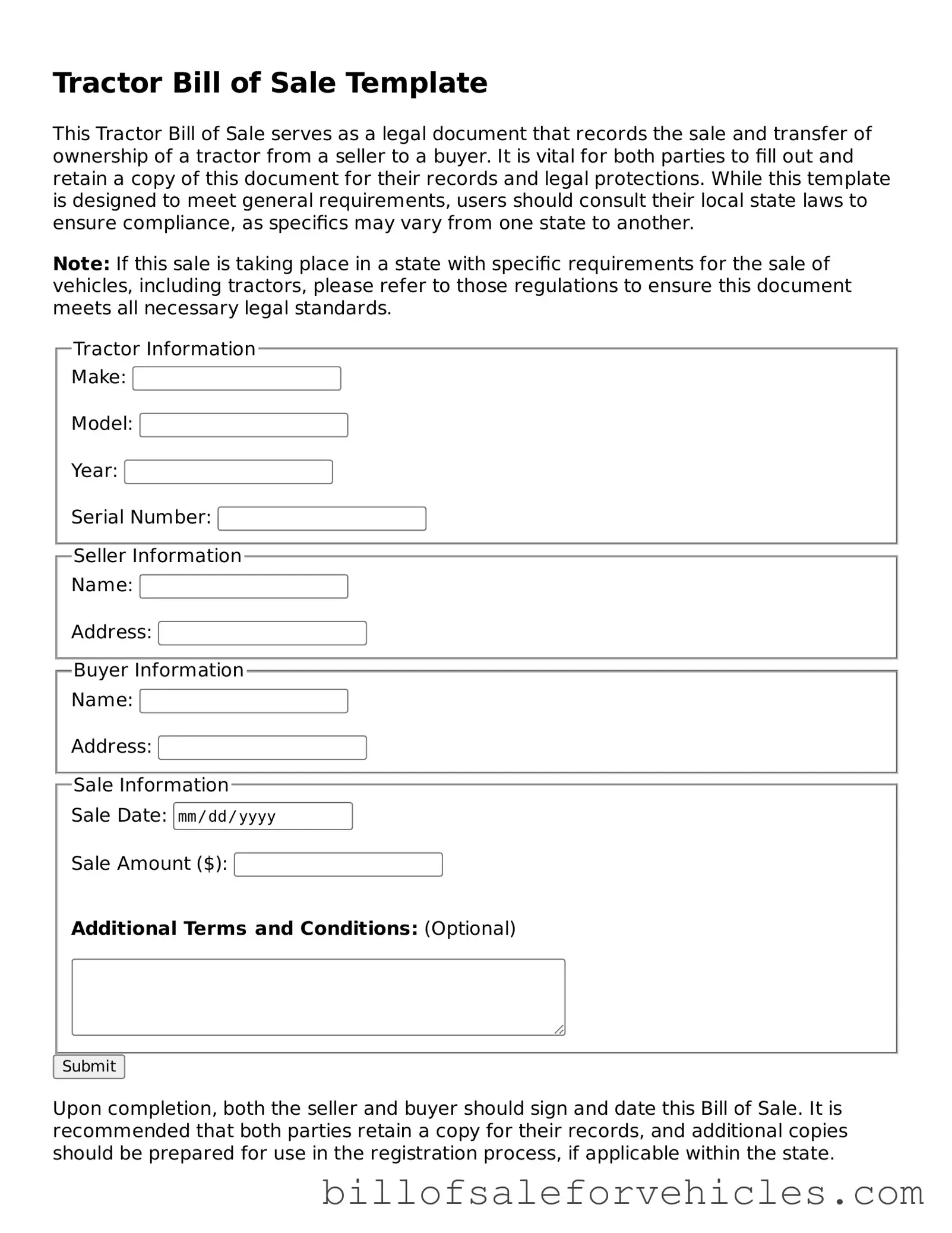 Fillable Tractor Bill of Sale Template
