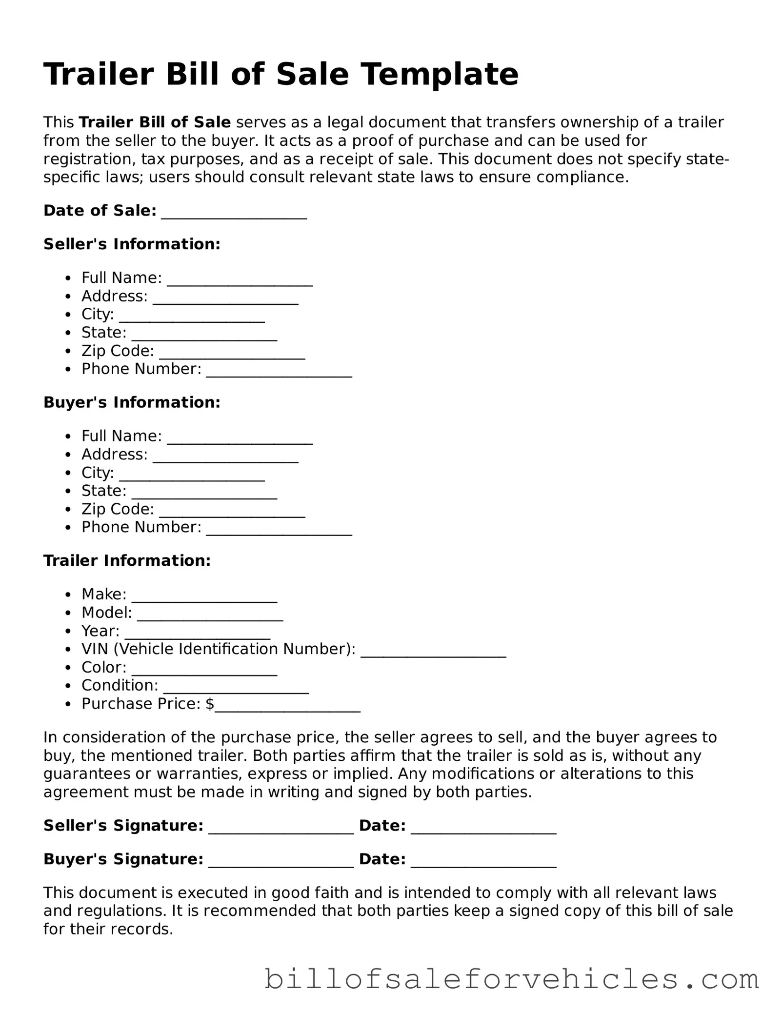 Fillable Trailer Bill of Sale Template