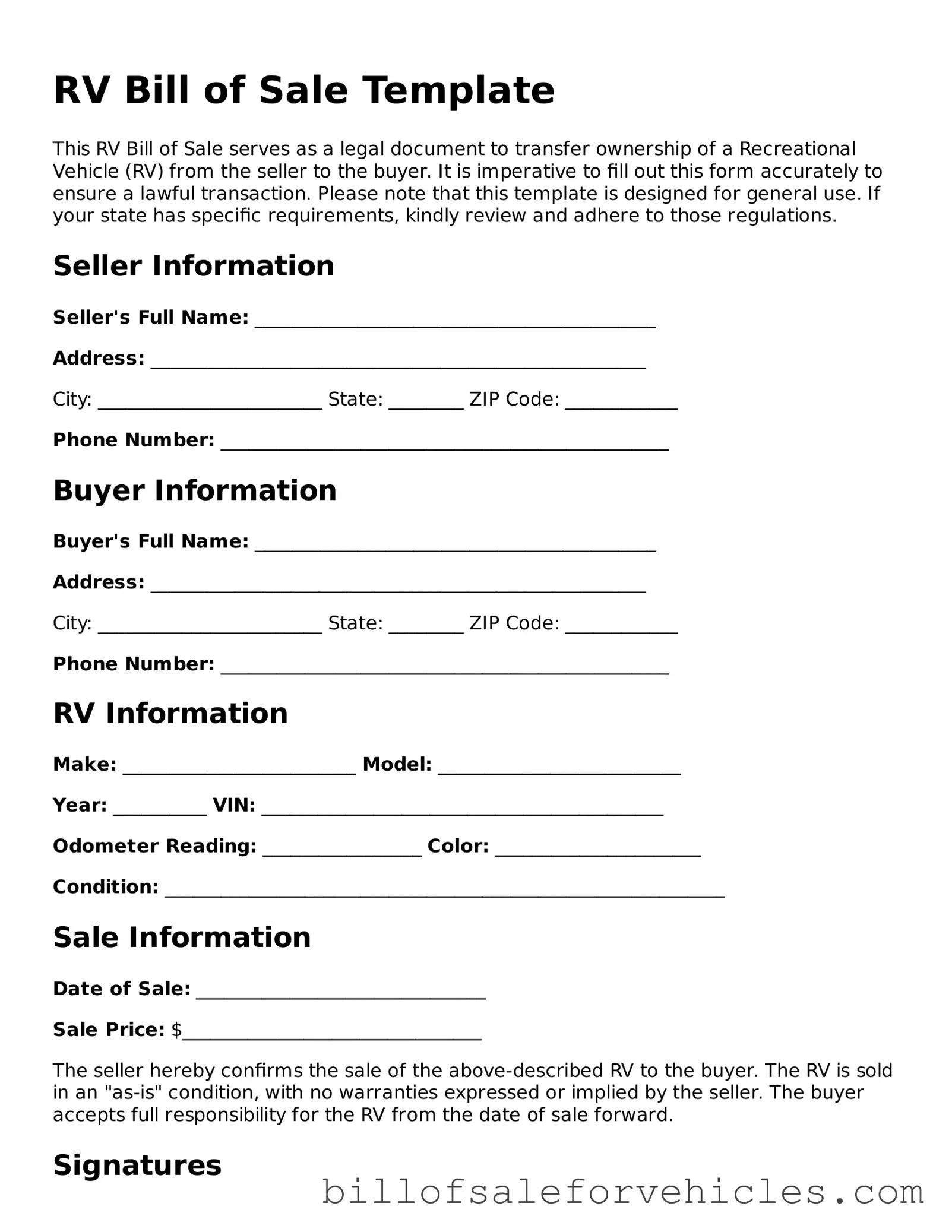 Fillable RV Bill of Sale Template