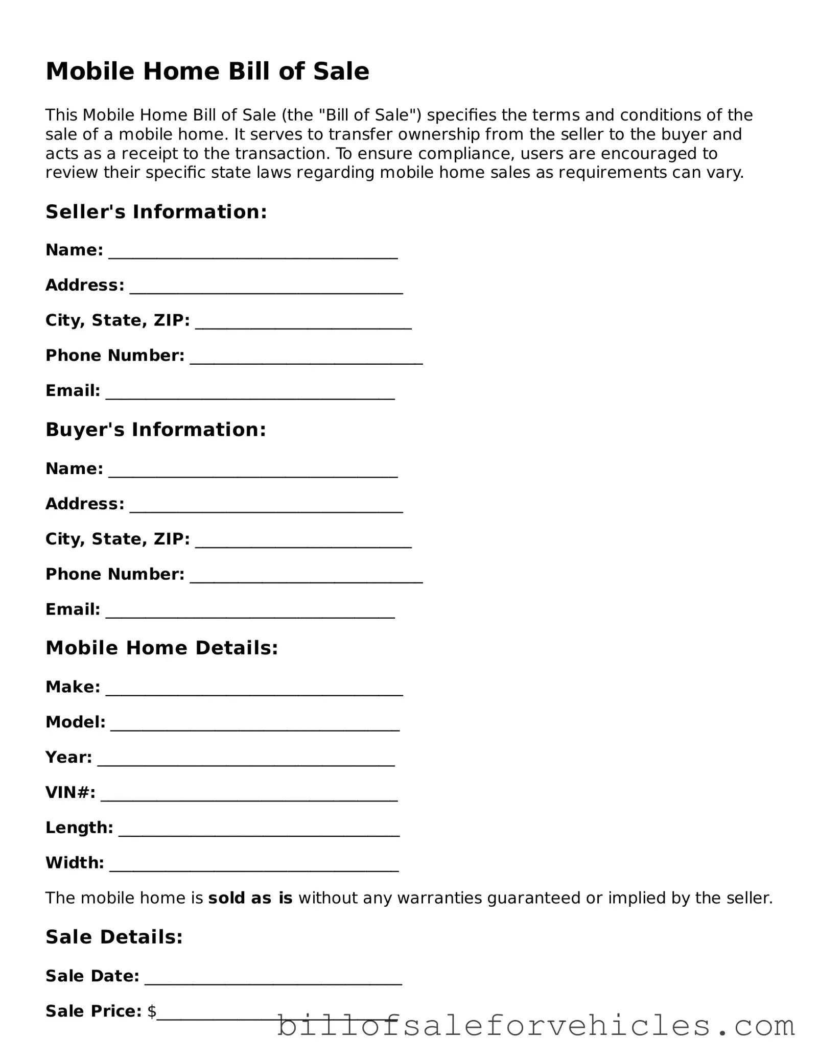 Fillable Mobile Home Bill of Sale Template