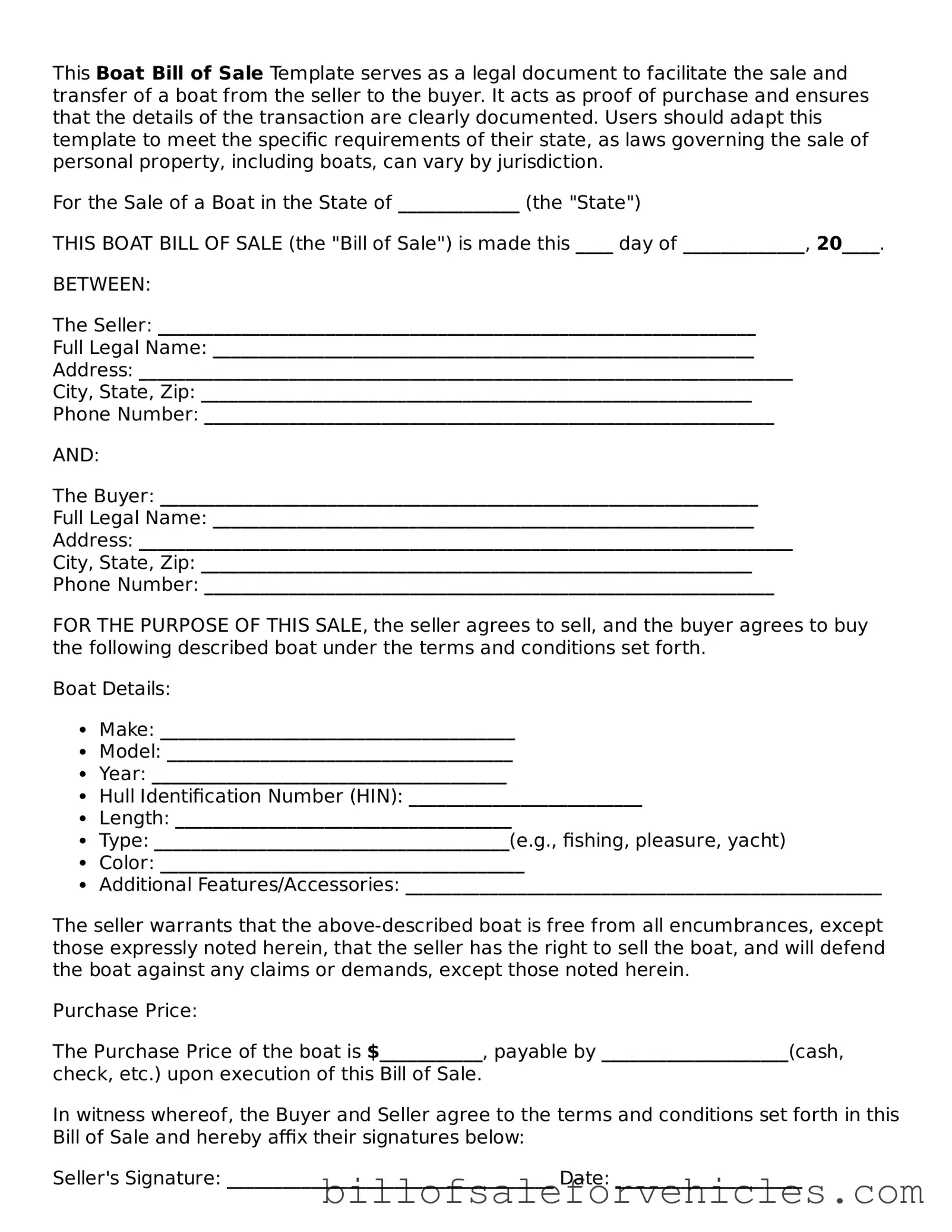 Fillable Boat Bill of Sale Template
