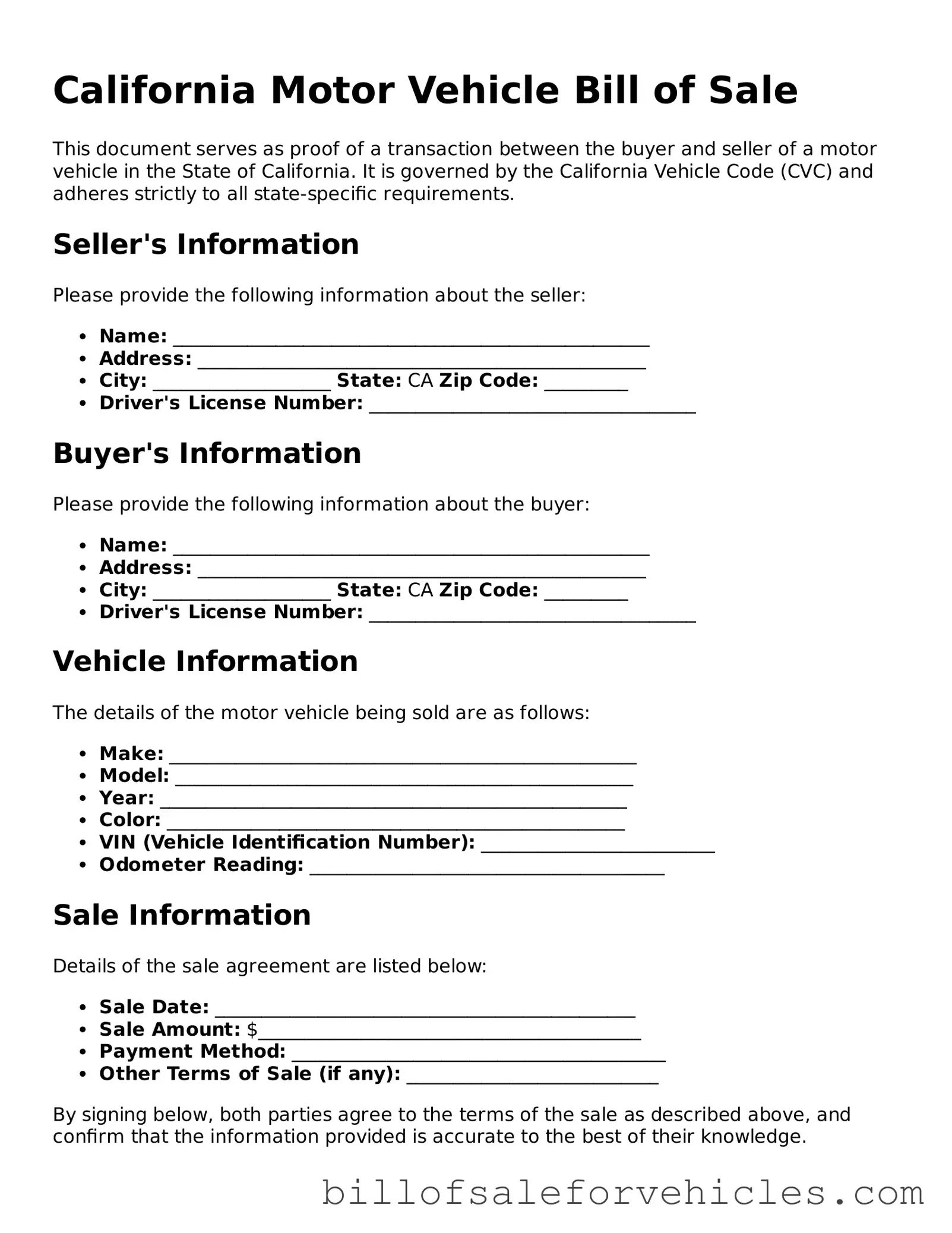 Valid California Motor Vehicle Bill of Sale Template