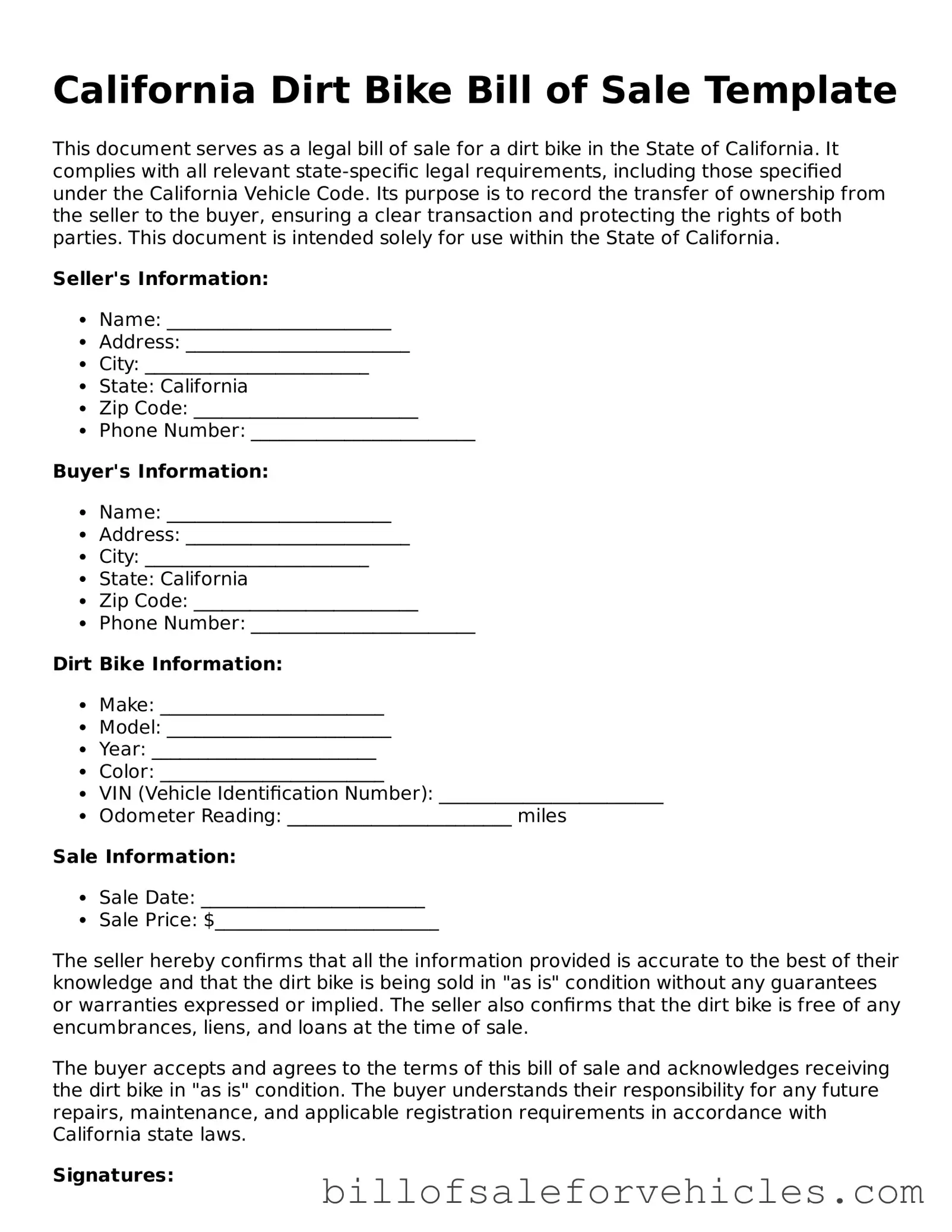 Valid California Dirt Bike Bill of Sale Template