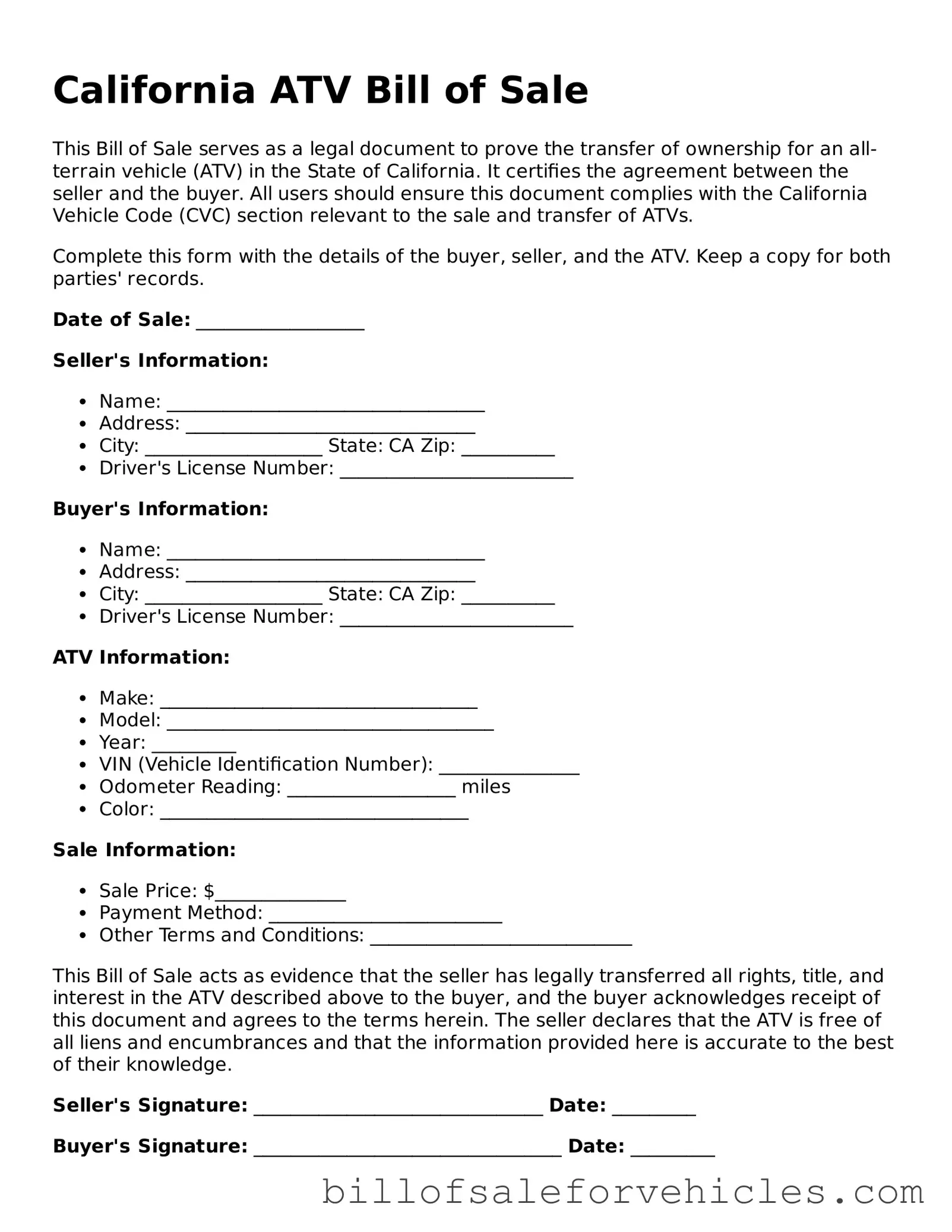 Valid California ATV Bill of Sale Template