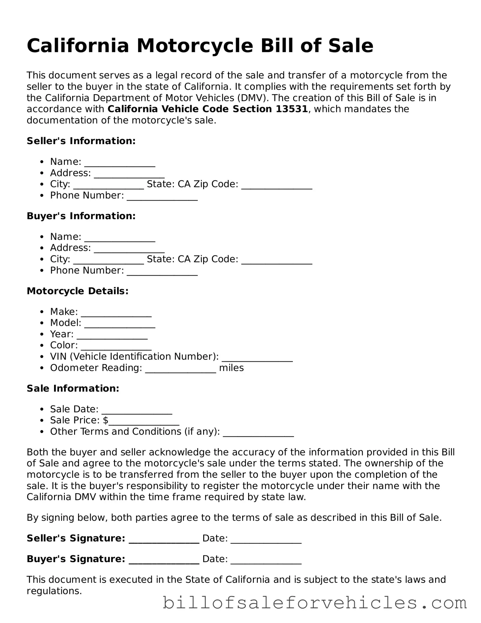 Valid California Motorcycle Bill of Sale Template