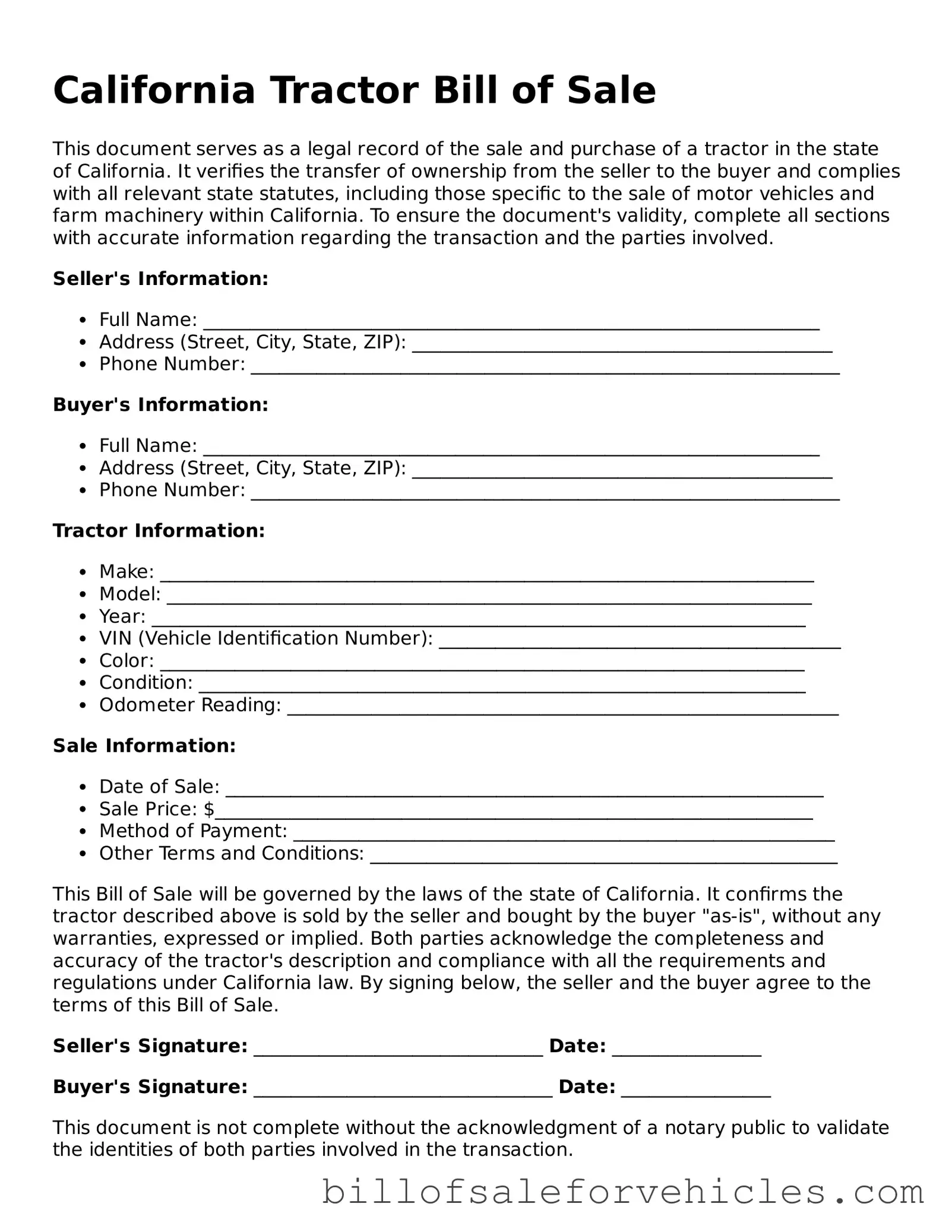 Valid California Tractor Bill of Sale Template