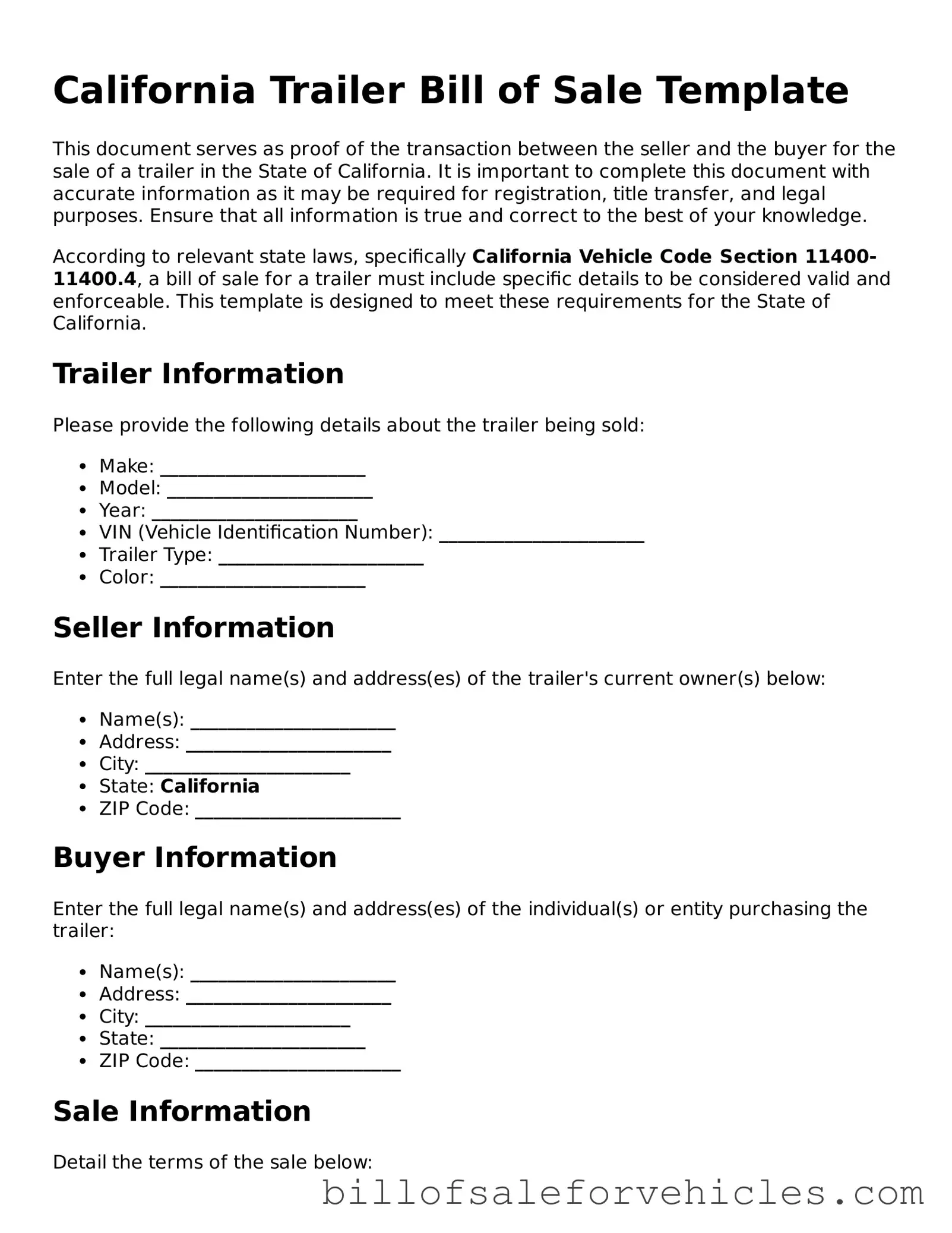 Valid California Trailer Bill of Sale Template