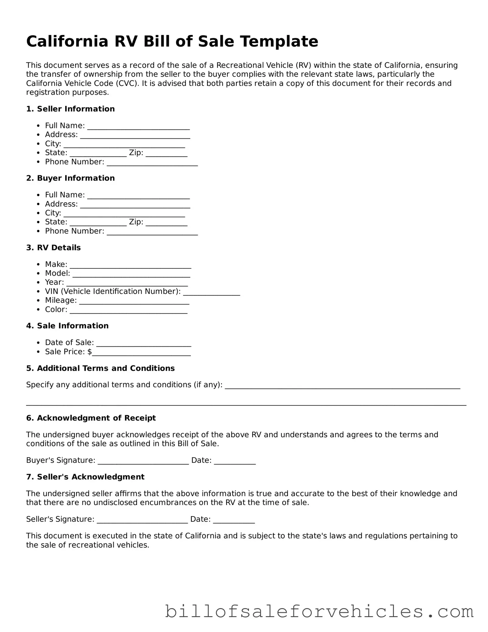 Valid California RV Bill of Sale Template