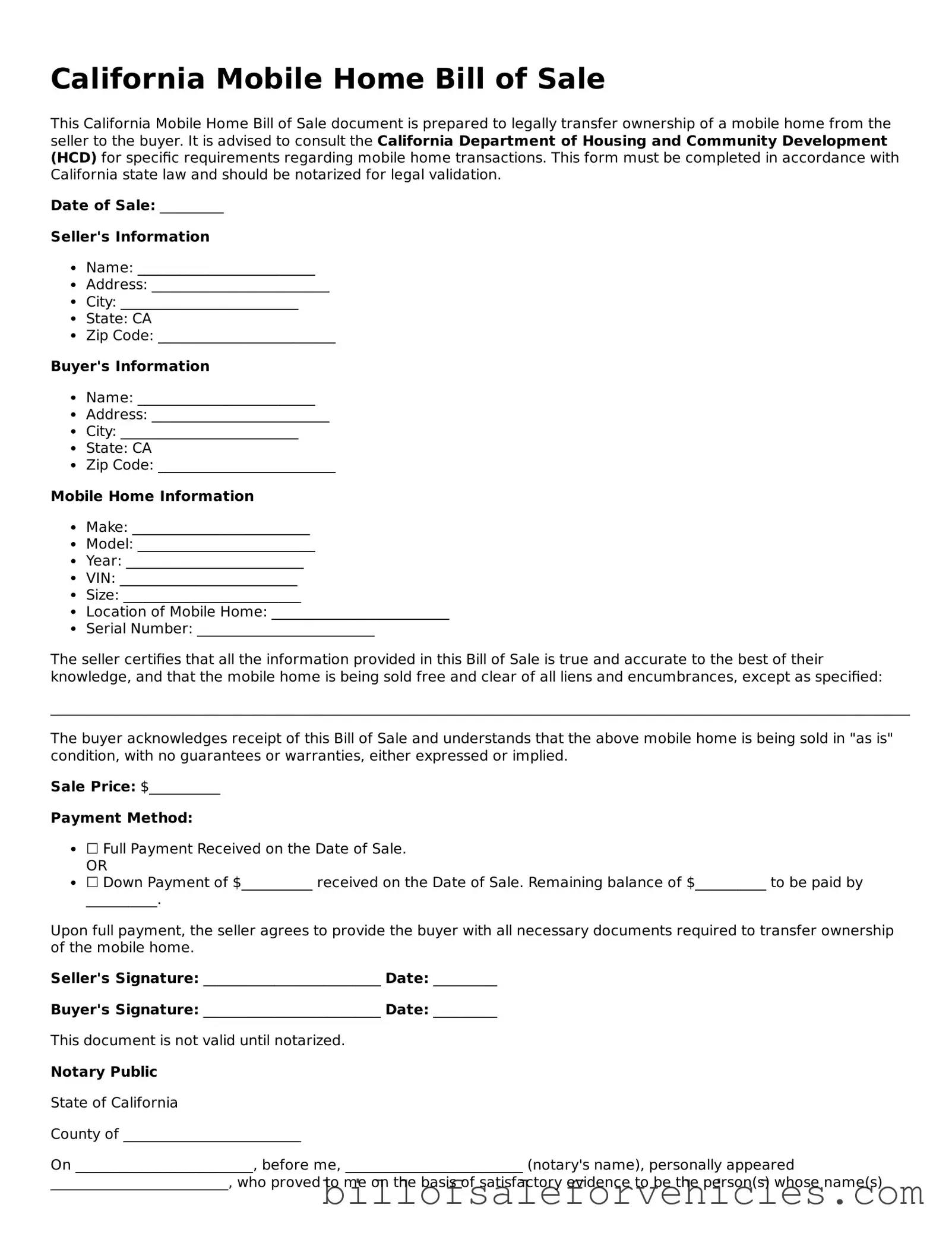 Valid California Mobile Home Bill of Sale Template