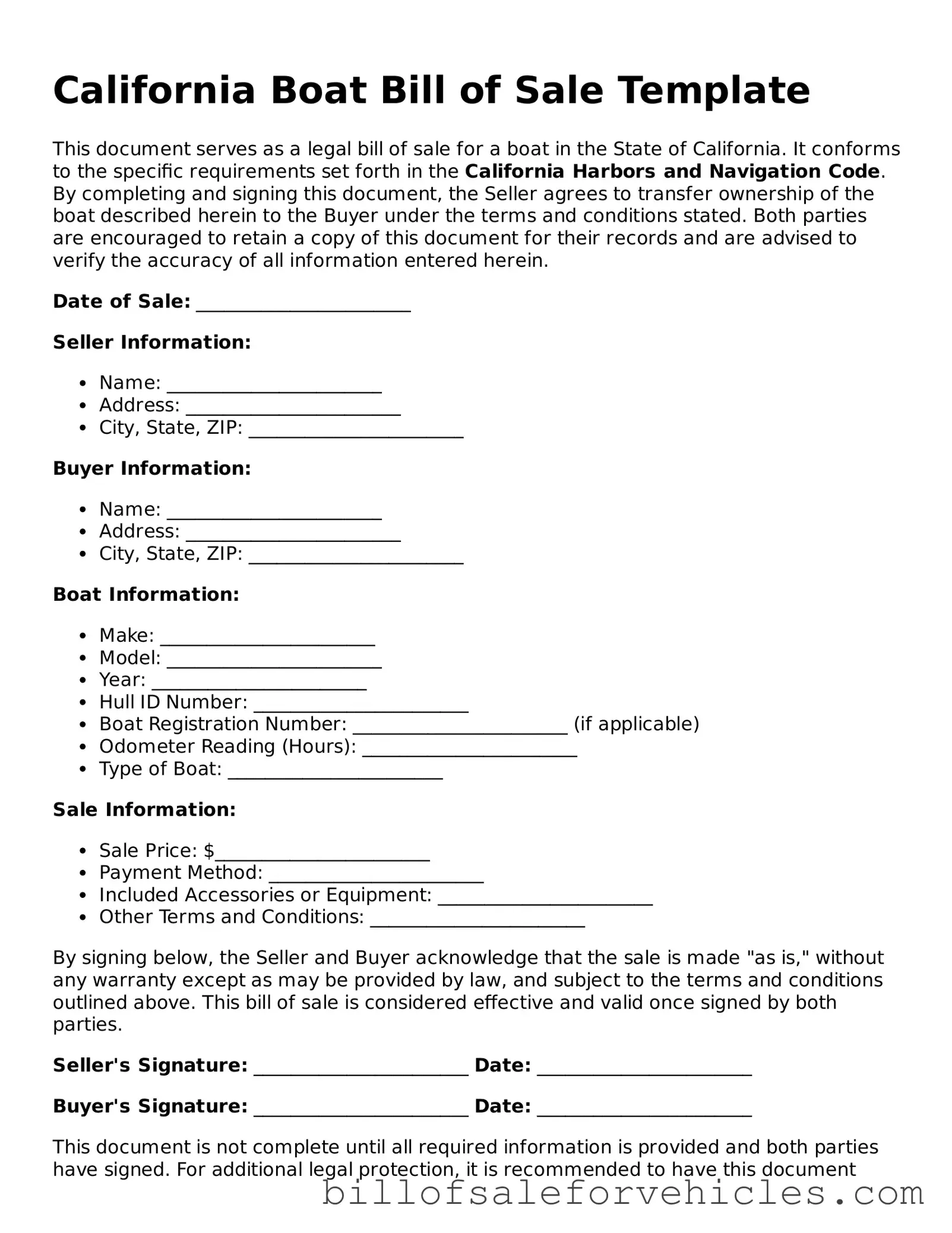Valid California Boat Bill of Sale Template