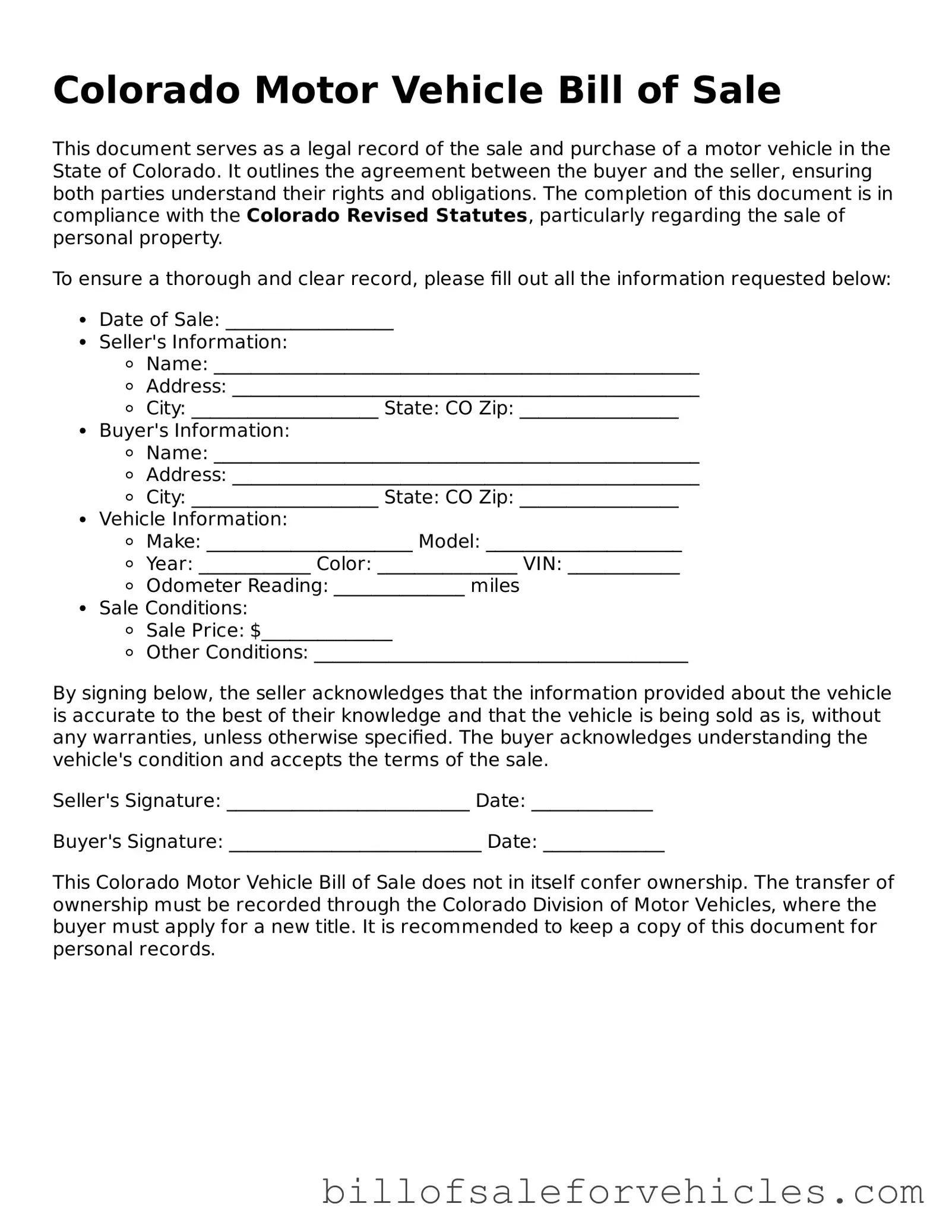 Valid Colorado Motor Vehicle Bill of Sale Template