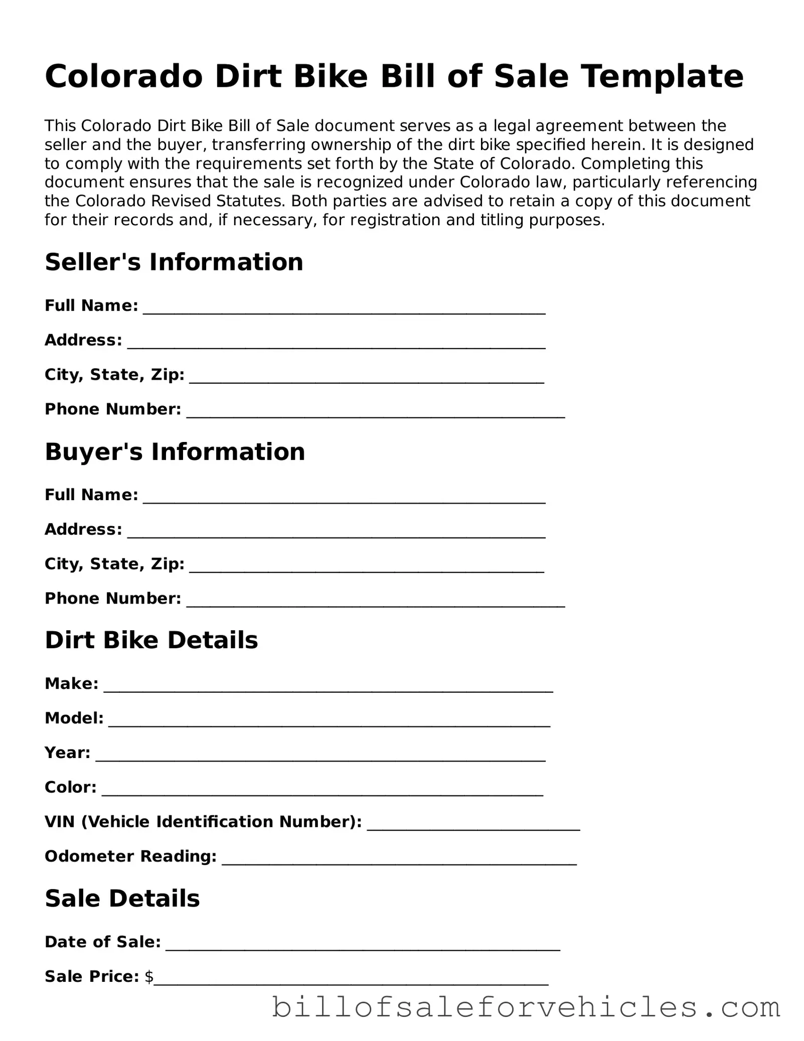 Valid Colorado Dirt Bike Bill of Sale Template