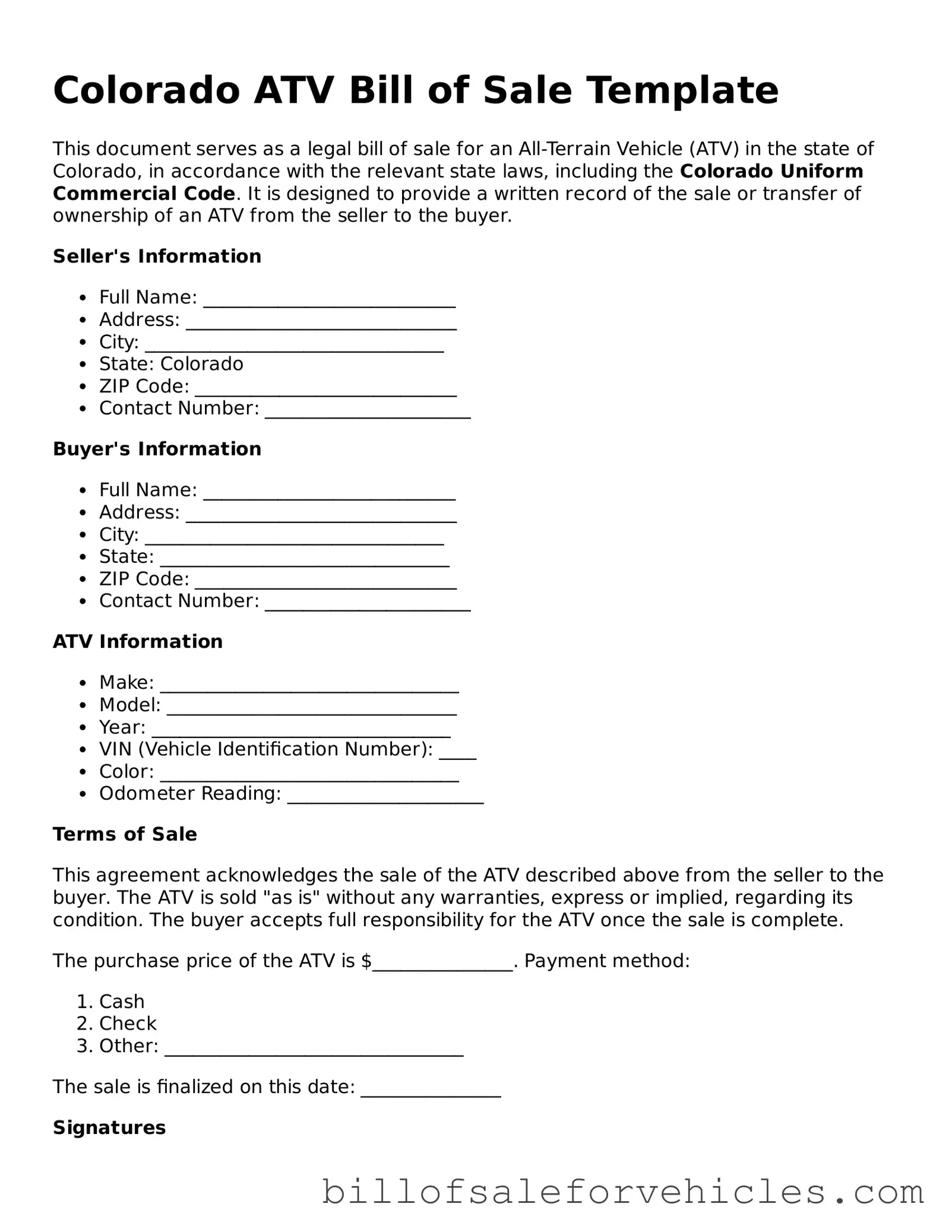 Valid Colorado ATV Bill of Sale Template