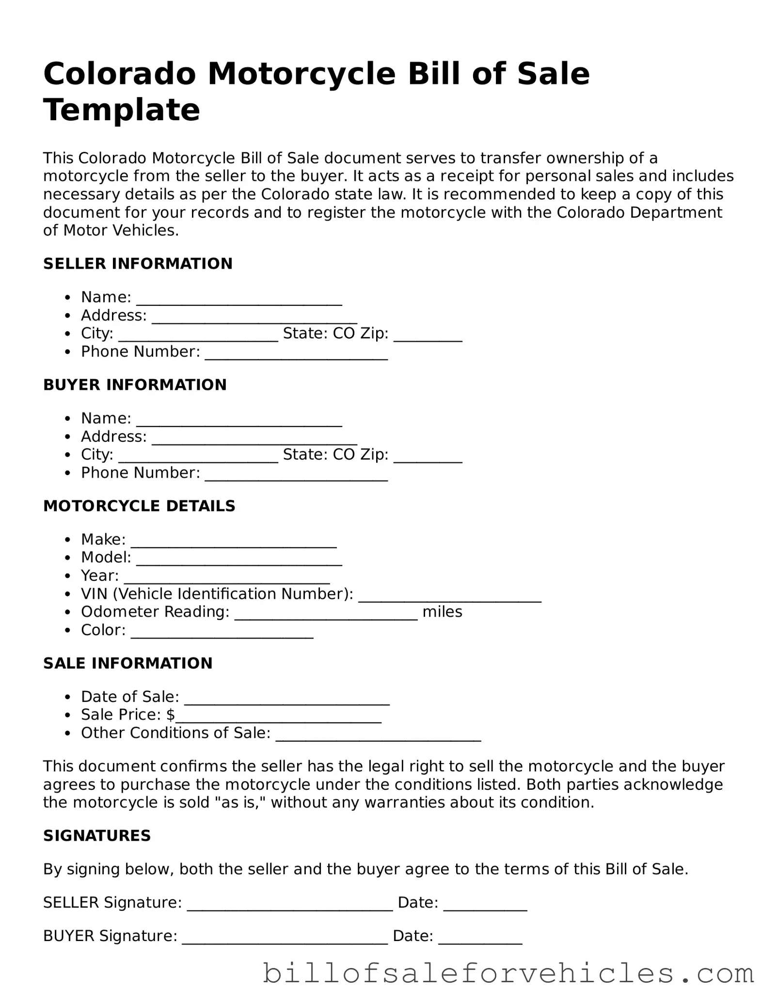 Valid Colorado Motorcycle Bill of Sale Template